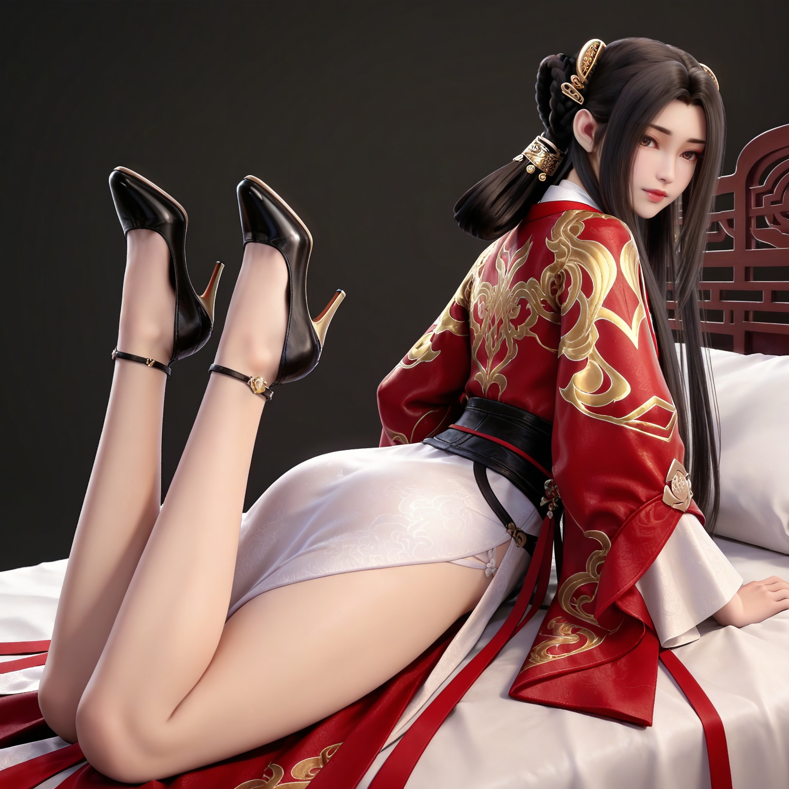 masterpiece,high quality,tall,game cg,highres,(white_skin:0.6),(shiny_skin:0.6),(realistic:1.1),looking_at_viewer,lvjing,black_background,simple background,,black hair, long hair, brown eyes, hair ring, braid, hair_ornament, qinyining, red kimono coat, qinyining white dress, qinyining hanfu, long_sleeves, wide_sleeves,,high_heels,jewelry,full body,legs,long legs,hand on hip,bed,dynamic_angle,dutch angle,on_stomach,feet up,


