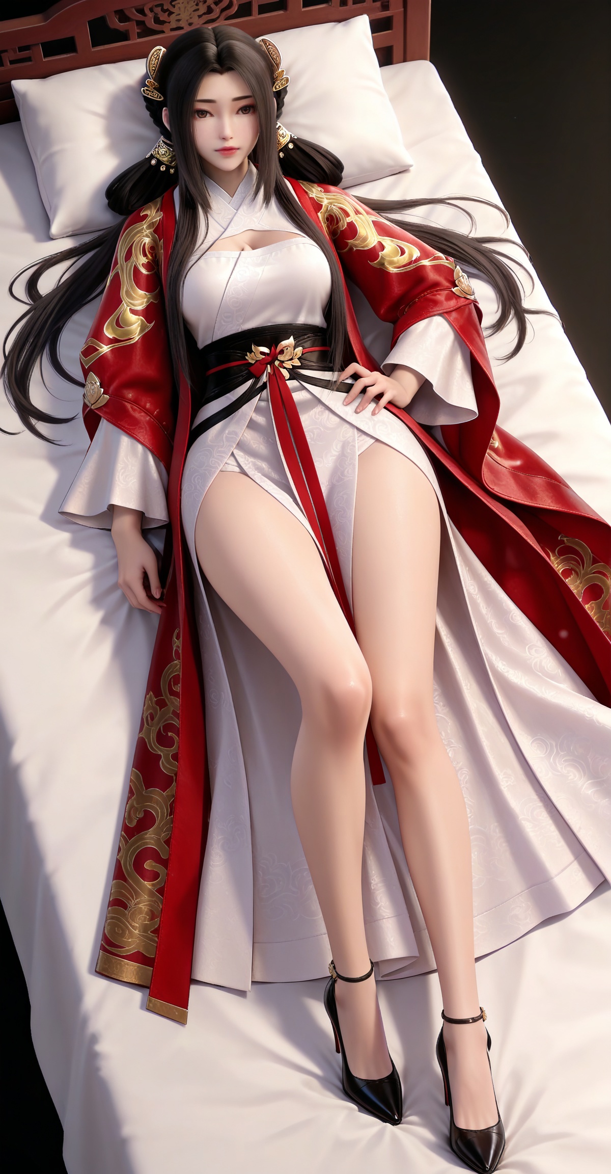 masterpiece,high quality,tall,game cg,highres,(white_skin:0.6),(shiny_skin:0.6),(realistic:1.1),looking_at_viewer,lvjing,black_background,simple background,,black hair, long hair, brown eyes, hair ring, braid, hair_ornament, qinyining, red kimono coat, qinyining white dress, qinyining hanfu, long_sleeves, wide_sleeves,,large breasts,cleavage,cleavage cutout,breasts,high_heels,jewelry,full body,legs,long legs,hand on hip,bed,dynamic_angle,dutch angle,lying,on back,


