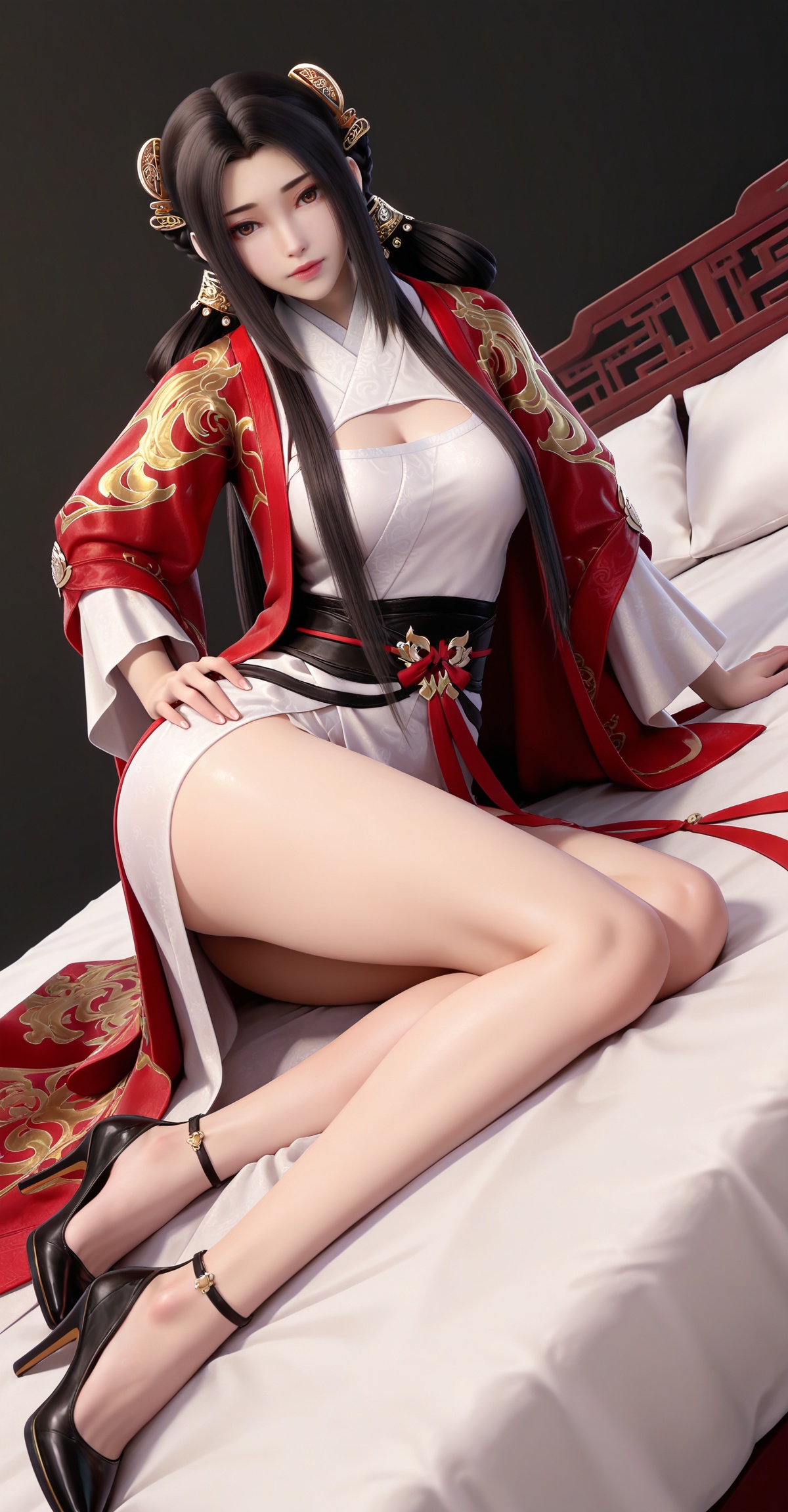 masterpiece,high quality,tall,game cg,highres,(white_skin:0.6),(shiny_skin:0.6),(realistic:1.1),looking_at_viewer,lvjing,black_background,simple background,,black hair, long hair, brown eyes, hair ring, braid, hair_ornament, qinyining, red kimono coat, qinyining white dress, qinyining hanfu, long_sleeves, wide_sleeves,,large breasts,cleavage,cleavage cutout,breasts,high_heels,jewelry,full body,legs,long legs,hand on hip,bed,dynamic_angle,dutch angle,on_stomach,feet up,


