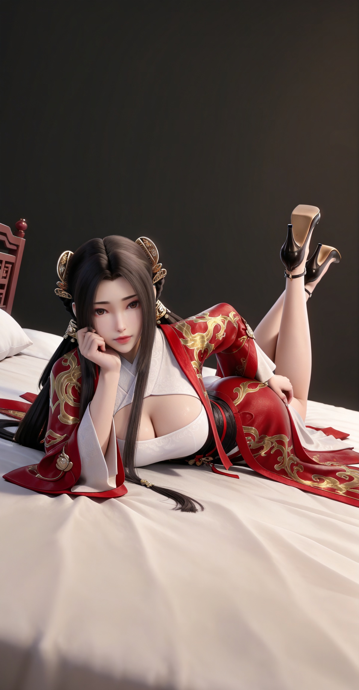 masterpiece,high quality,tall,game cg,highres,(white_skin:0.6),(shiny_skin:0.6),(realistic:1.1),looking_at_viewer,lvjing,black_background,simple background,,black hair, long hair, brown eyes, hair ring, braid, hair_ornament, qinyining, red kimono coat, qinyining white dress, qinyining hanfu, long_sleeves, wide_sleeves,,large breasts,cleavage,cleavage cutout,breasts,high_heels,jewelry,full body,legs,long legs,hand on hip,bed,dynamic_angle,dutch angle,on_stomach,feet up,


