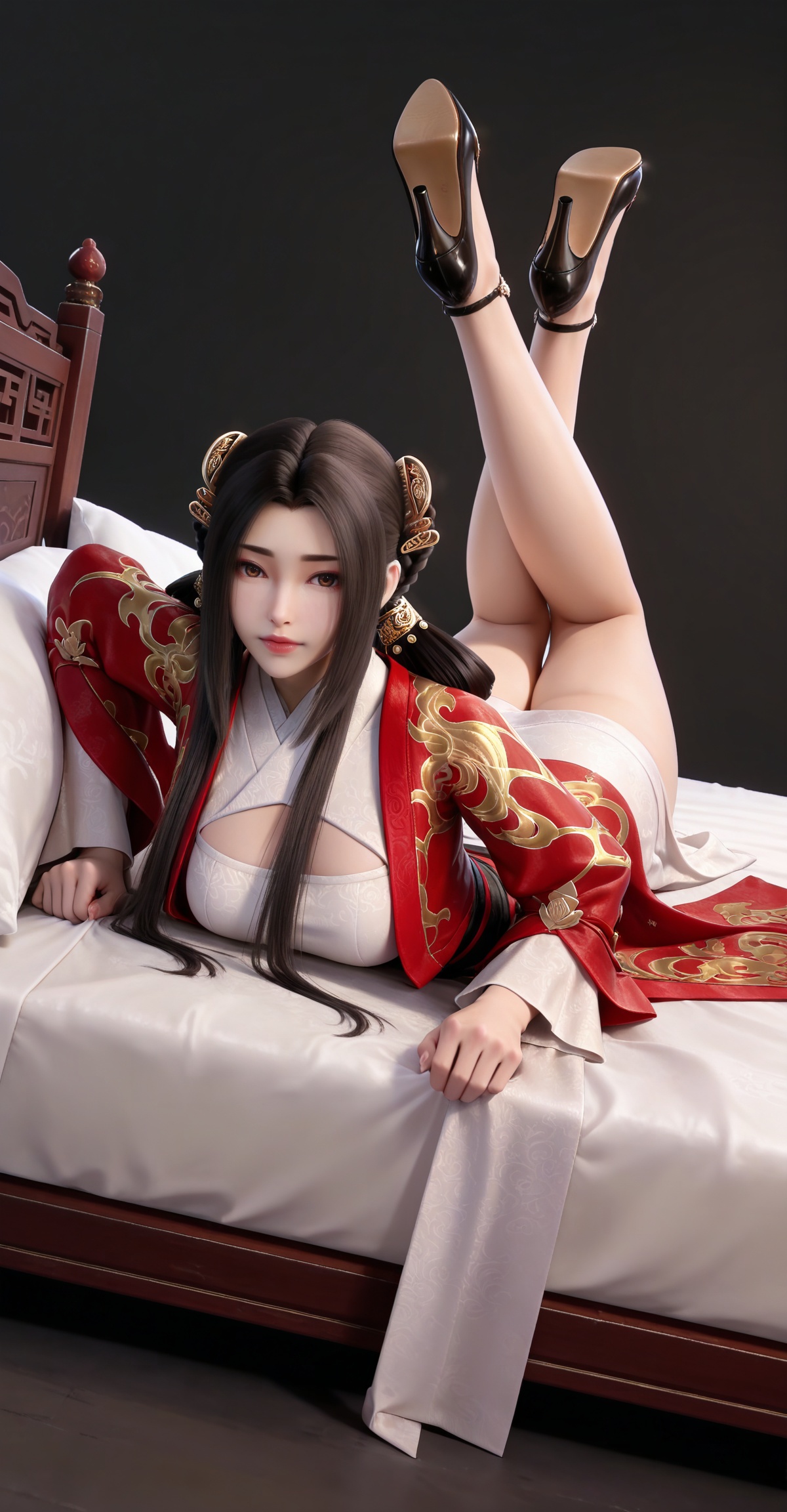 masterpiece,high quality,tall,game cg,highres,(white_skin:0.6),(shiny_skin:0.6),(realistic:1.1),looking_at_viewer,lvjing,black_background,simple background,,black hair, long hair, brown eyes, hair ring, braid, hair_ornament, qinyining, red kimono coat, qinyining white dress, qinyining hanfu, long_sleeves, wide_sleeves,,large breasts,cleavage,cleavage cutout,breasts,high_heels,jewelry,full body,legs,long legs,hand on hip,bed,dynamic_angle,dutch angle,on_stomach,feet up,


