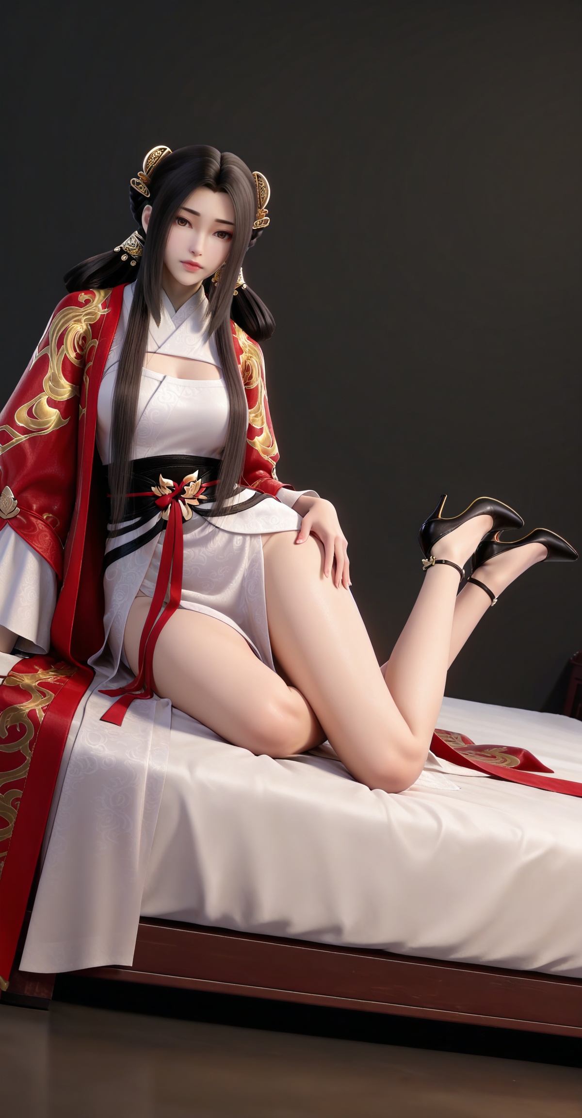 masterpiece,high quality,tall,game cg,highres,(white_skin:0.6),(shiny_skin:0.6),(realistic:1.1),looking_at_viewer,lvjing,black_background,simple background,,black hair, long hair, brown eyes, hair ring, braid, hair_ornament, qinyining, red kimono coat, qinyining white dress, qinyining hanfu, long_sleeves, wide_sleeves,,large breasts,cleavage,cleavage cutout,breasts,high_heels,jewelry,full body,legs,long legs,hand on hip,bed,dynamic_angle,dutch angle,on_stomach,feet up,


