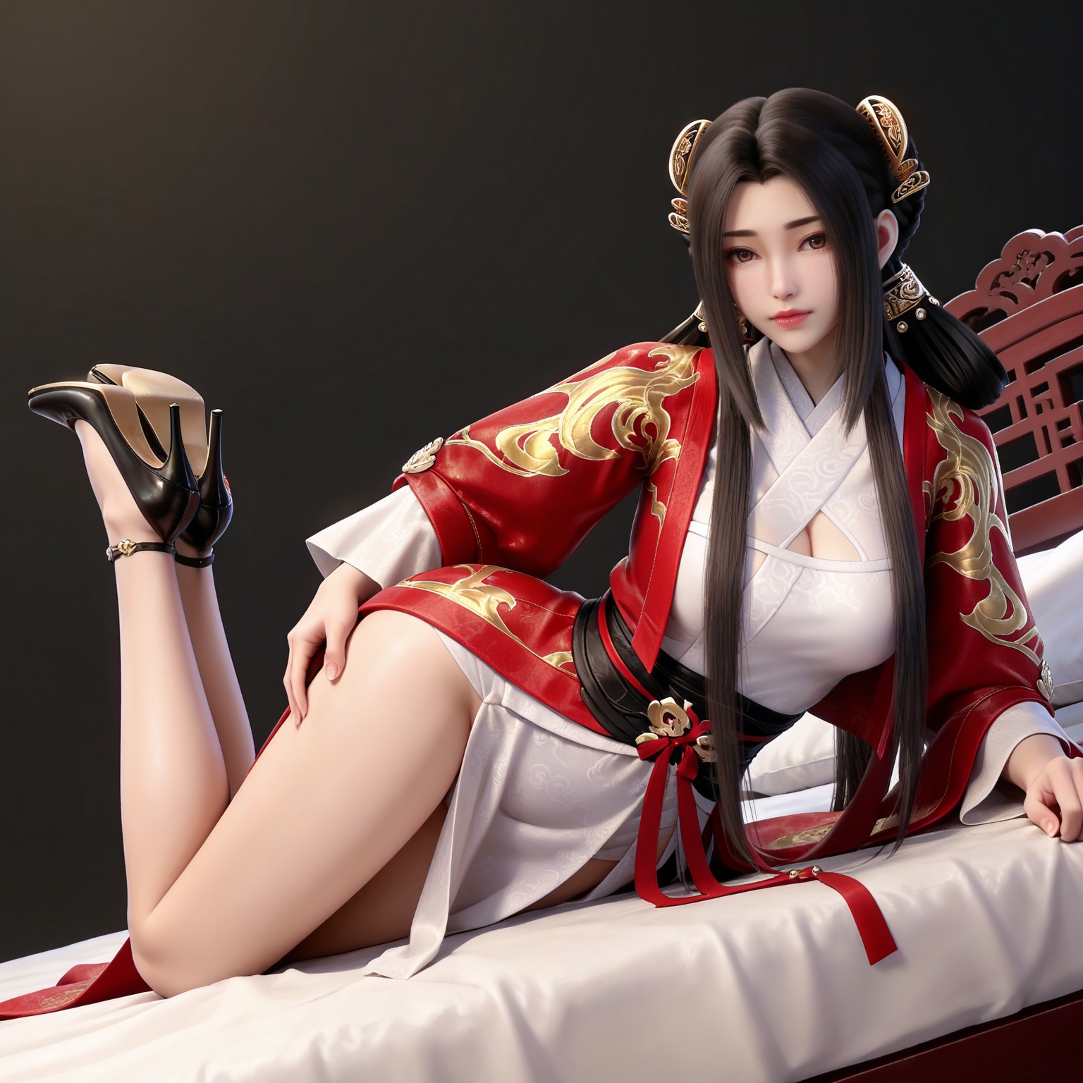 masterpiece,high quality,tall,game cg,highres,(white_skin:0.6),(shiny_skin:0.6),(realistic:1.1),looking_at_viewer,lvjing,black_background,simple background,,black hair, long hair, brown eyes, hair ring, braid, hair_ornament, qinyining, red kimono coat, qinyining white dress, qinyining hanfu, long_sleeves, wide_sleeves,,large breasts,cleavage,cleavage cutout,breasts,high_heels,jewelry,full body,legs,long legs,hand on hip,bed,dynamic_angle,dutch angle,on_stomach,feet up,


