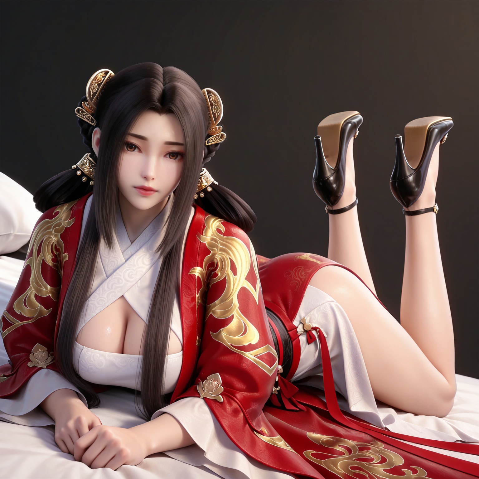 masterpiece,high quality,tall,game cg,highres,(white_skin:0.6),(shiny_skin:0.6),(realistic:1.1),looking_at_viewer,lvjing,black_background,simple background,,black hair, long hair, brown eyes, hair ring, braid, hair_ornament, qinyining, red kimono coat, qinyining white dress, qinyining hanfu, long_sleeves, wide_sleeves,,large breasts,cleavage,high_heels,jewelry,full body,legs,long legs,hand on hip,bed,dynamic_angle,dutch angle,on_stomach,feet up,


