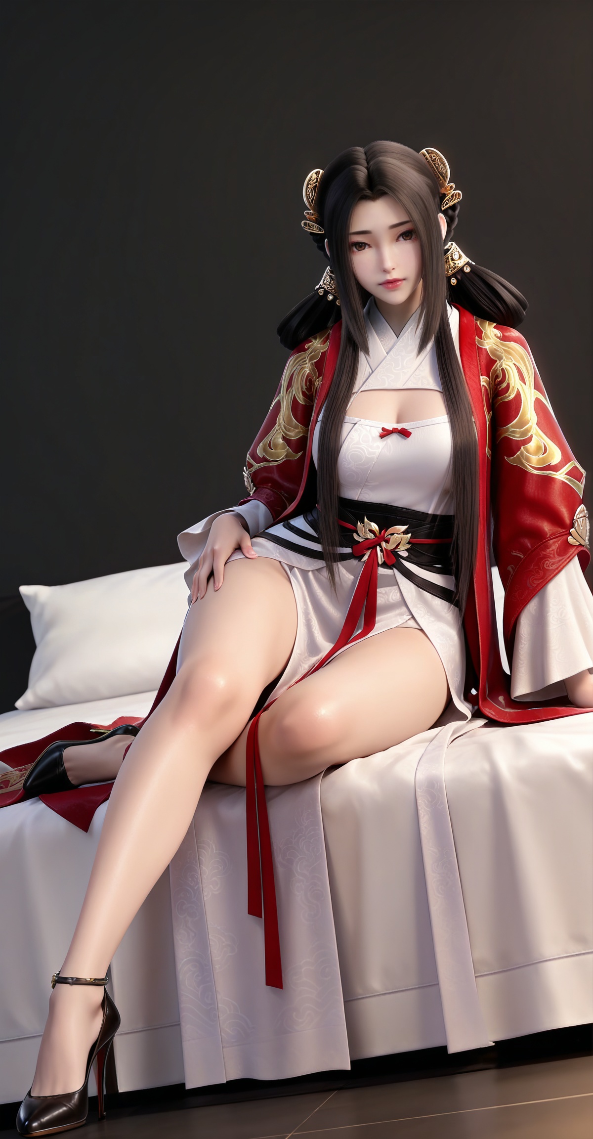 masterpiece,high quality,tall,game cg,highres,(white_skin:0.6),(shiny_skin:0.6),(realistic:1.1),looking_at_viewer,lvjing,black_background,simple background,,black hair, long hair, brown eyes, hair ring, braid, hair_ornament, qinyining, red kimono coat, qinyining white dress, qinyining hanfu, long_sleeves, wide_sleeves,,large breasts,cleavage,cleavage cutout,breasts,high_heels,jewelry,full body,legs,long legs,hand on hip,bed,dynamic_angle,dutch angle,on_stomach,feet up,


