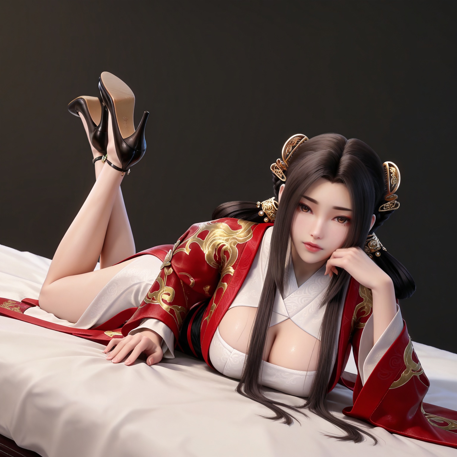 masterpiece,high quality,tall,game cg,highres,(white_skin:0.6),(shiny_skin:0.6),(realistic:1.1),looking_at_viewer,lvjing,black_background,simple background,,black hair, long hair, brown eyes, hair ring, braid, hair_ornament, qinyining, red kimono coat, qinyining white dress, qinyining hanfu, long_sleeves, wide_sleeves,,large breasts,cleavage,high_heels,jewelry,full body,legs,long legs,hand on hip,bed,dynamic_angle,dutch angle,on_stomach,feet up,


