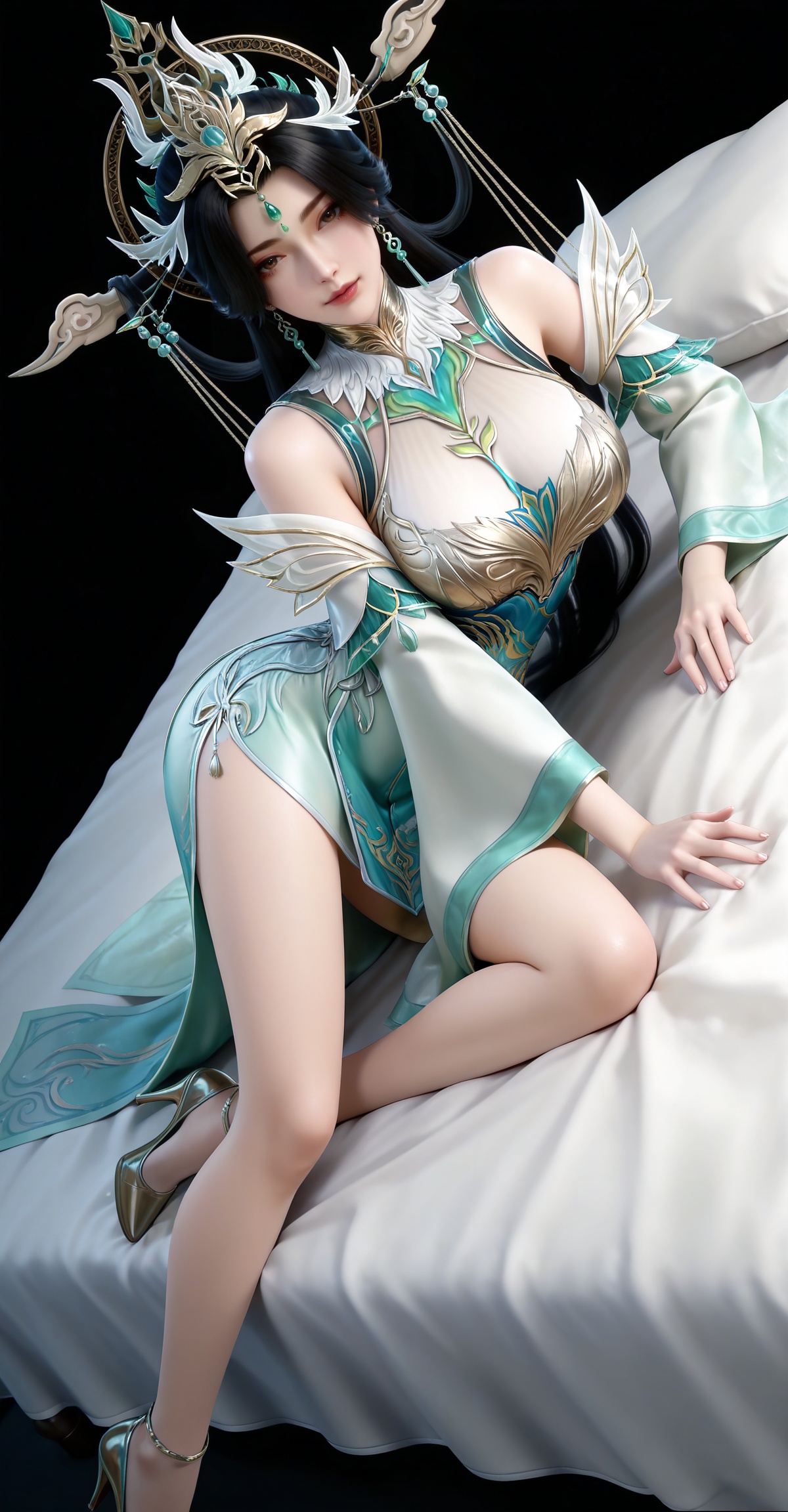 masterpiece,high quality,tall,game cg,highres,(white_skin:0.6),(shiny_skin:0.6),(realistic:1.1),looking_at_viewer,lvjing,black_background,simple background,,black hair, long hair, brown eyes, forehead_jewel, hair_ornament, liushen white and green dress, liushen chinese clothes, earrings, bare shoulders, detached_sleeves, long_sleeves, wide_sleeves, high_heels,large breasts,cleavage,cleavage cutout,breasts,high_heels,jewelry,full body,legs,long legs,hand on hip,bed,dynamic_angle,dutch angle,on_stomach,feet up,bed,



