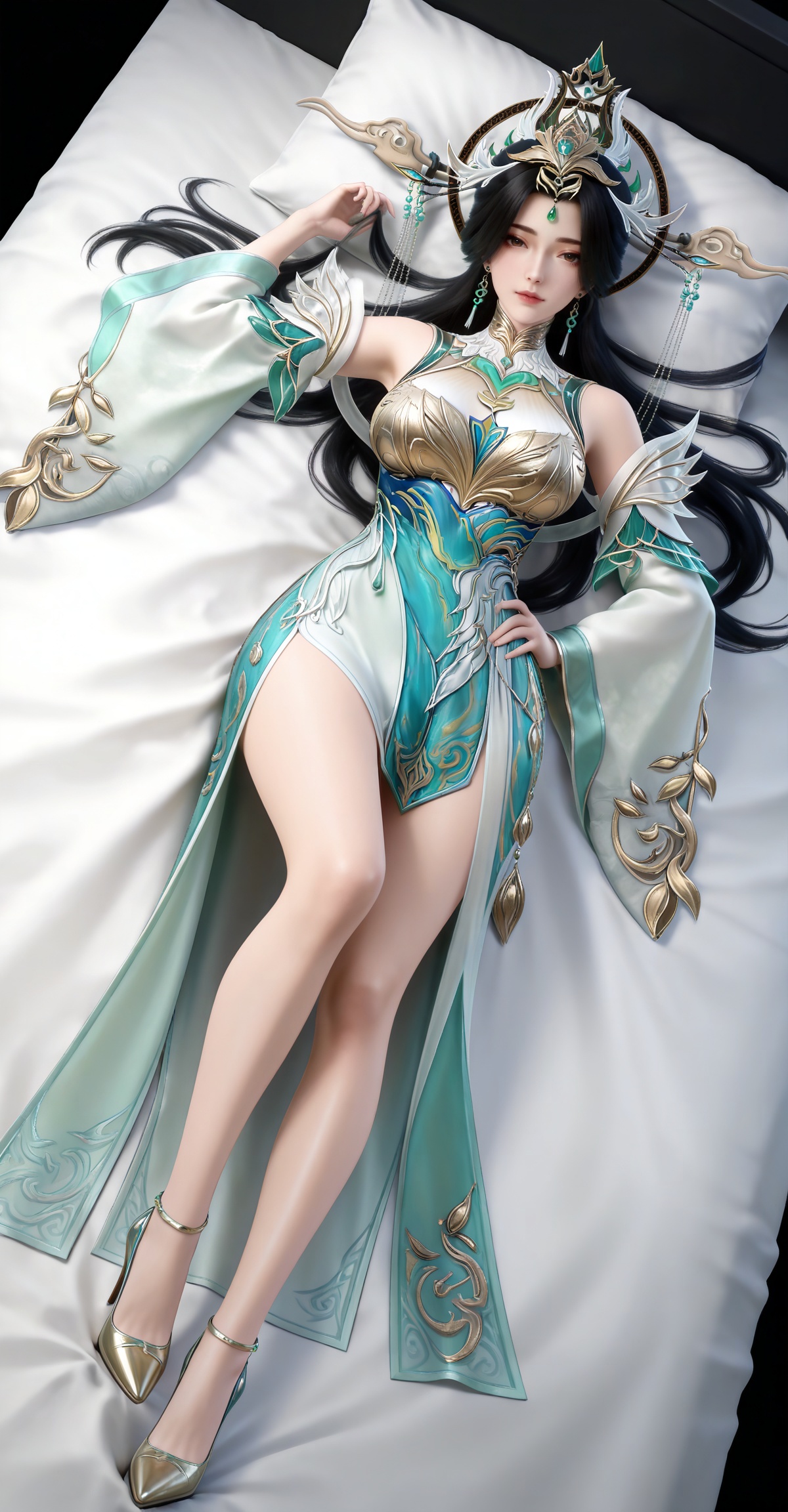 masterpiece,high quality,tall,game cg,highres,(white_skin:0.6),(shiny_skin:0.6),(realistic:1.1),looking_at_viewer,lvjing,black_background,simple background,,black hair, long hair, brown eyes, forehead_jewel, hair_ornament, liushen white and green dress, liushen chinese clothes, earrings, bare shoulders, detached_sleeves, long_sleeves, wide_sleeves, high_heels,large breasts,cleavage,cleavage cutout,breasts,high_heels,jewelry,full body,legs,long legs,hand on hip,bed,dynamic_angle,dutch angle,lying,on back,


