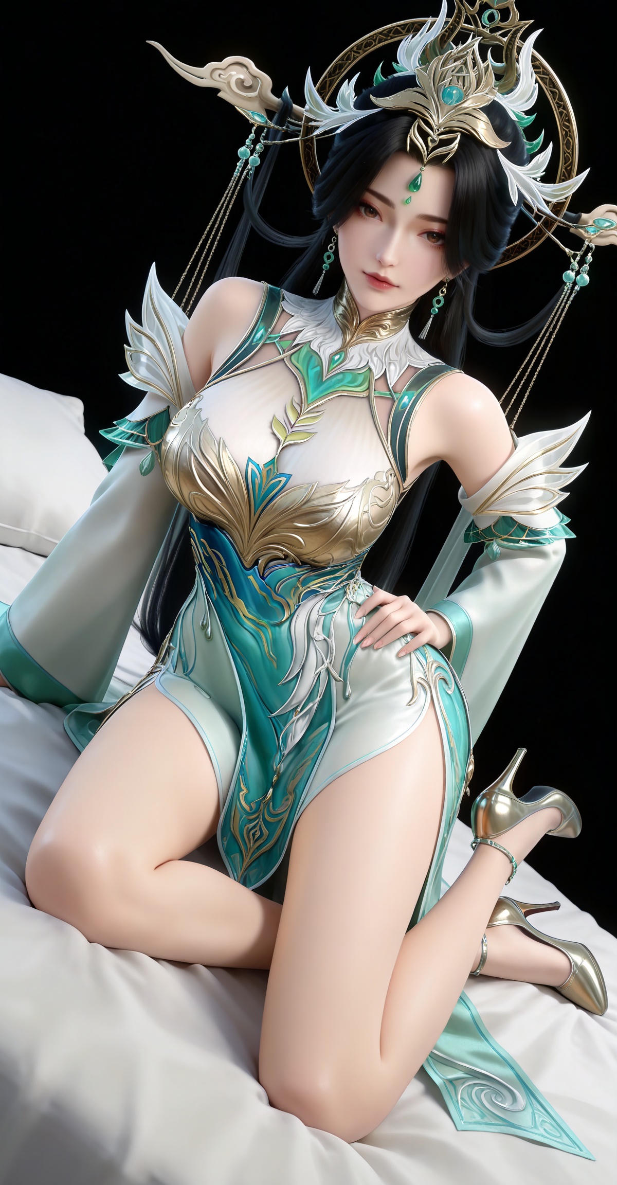 masterpiece,high quality,tall,game cg,highres,(white_skin:0.6),(shiny_skin:0.6),(realistic:1.1),looking_at_viewer,lvjing,black_background,simple background,,black hair, long hair, brown eyes, forehead_jewel, hair_ornament, liushen white and green dress, liushen chinese clothes, earrings, bare shoulders, detached_sleeves, long_sleeves, wide_sleeves, high_heels,large breasts,cleavage,cleavage cutout,breasts,high_heels,jewelry,full body,legs,long legs,hand on hip,bed,dynamic_angle,dutch angle,on_stomach,feet up,bed,


