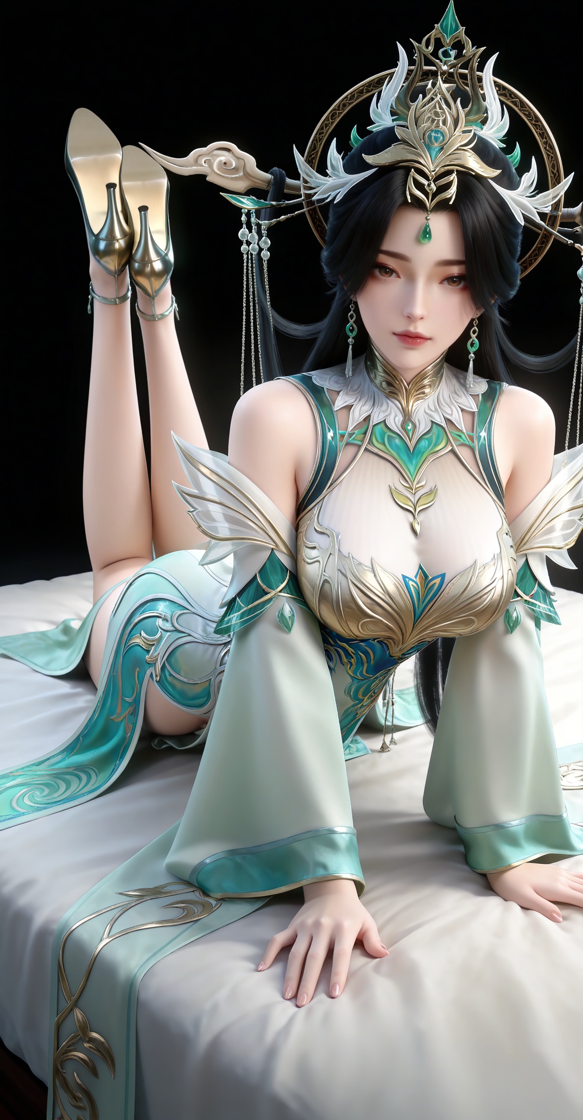 masterpiece,high quality,tall,game cg,highres,(white_skin:0.6),(shiny_skin:0.6),(realistic:1.1),looking_at_viewer,lvjing,black_background,simple background,,black hair, long hair, brown eyes, forehead_jewel, hair_ornament, liushen white and green dress, liushen chinese clothes, earrings, bare shoulders, detached_sleeves, long_sleeves, wide_sleeves, high_heels,large breasts,cleavage,cleavage cutout,breasts,high_heels,jewelry,full body,legs,long legs,hand on hip,bed,dynamic_angle,dutch angle,on_stomach,feet up,bed,


