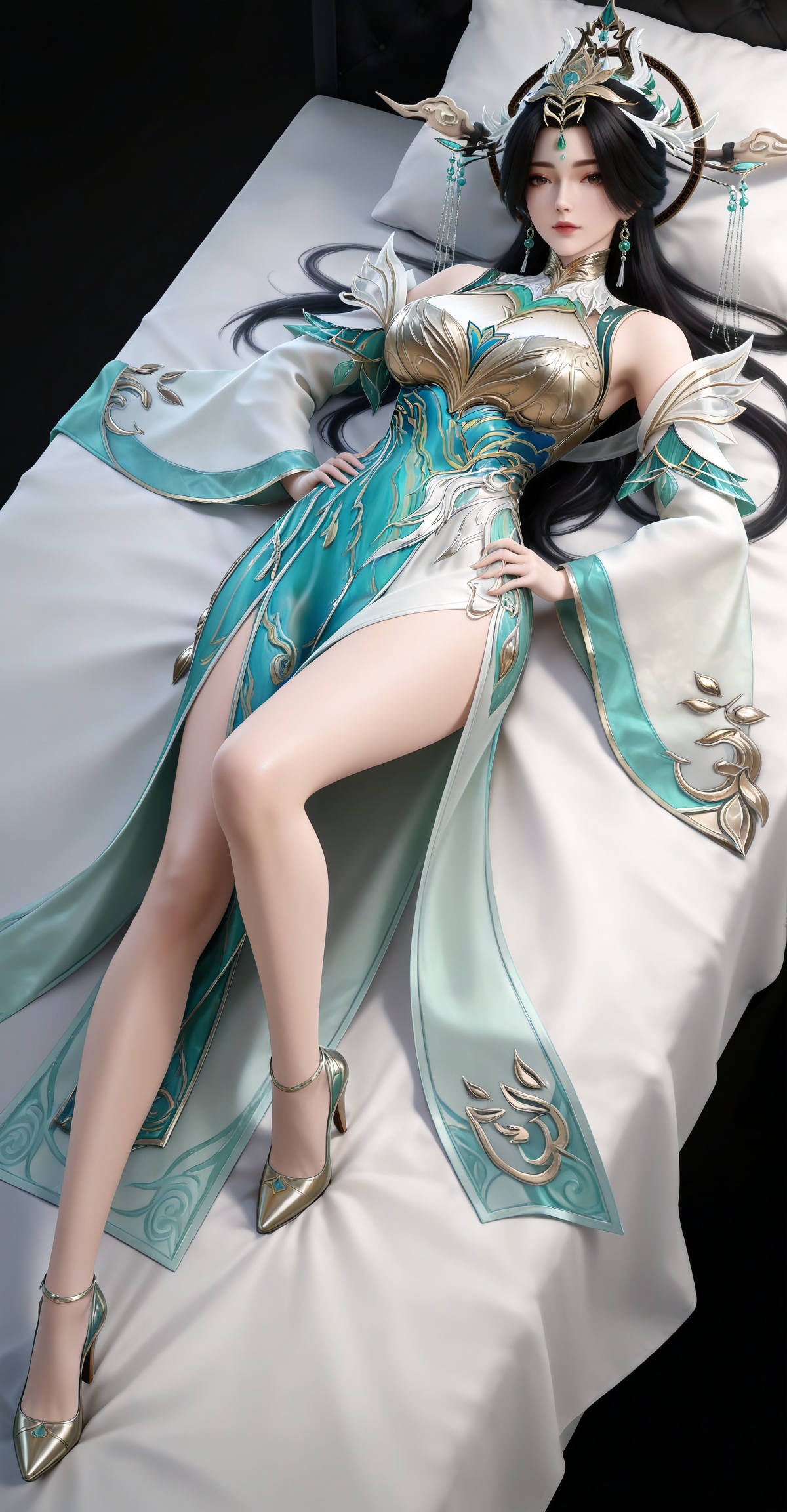 masterpiece,high quality,tall,game cg,highres,(white_skin:0.6),(shiny_skin:0.6),(realistic:1.1),looking_at_viewer,lvjing,black_background,simple background,,black hair, long hair, brown eyes, forehead_jewel, hair_ornament, liushen white and green dress, liushen chinese clothes, earrings, bare shoulders, detached_sleeves, long_sleeves, wide_sleeves, high_heels,large breasts,cleavage,cleavage cutout,breasts,high_heels,jewelry,full body,legs,long legs,hand on hip,bed,dynamic_angle,dutch angle,lying,on back,leg up,


