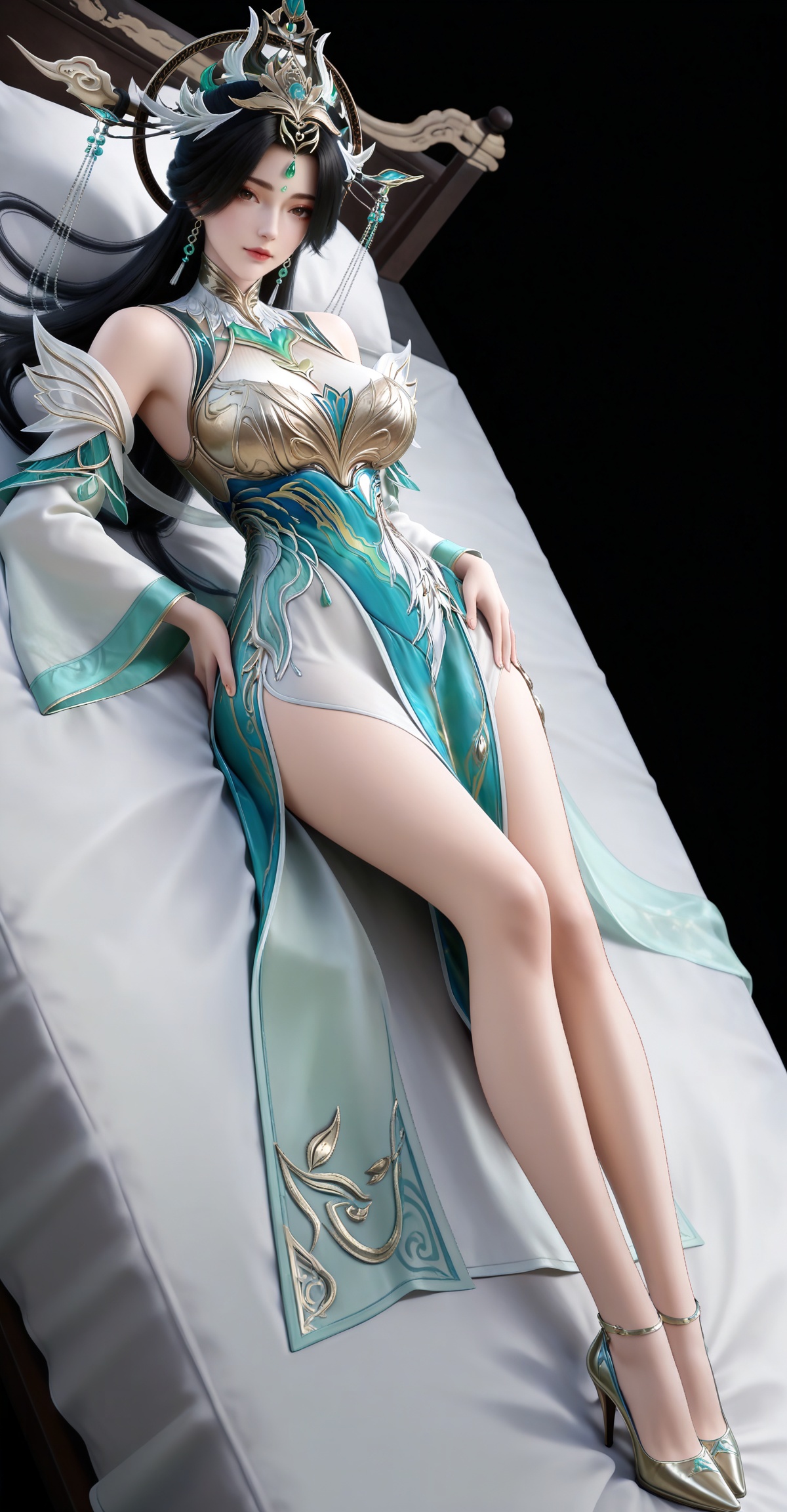 masterpiece,high quality,tall,game cg,highres,(white_skin:0.6),(shiny_skin:0.6),(realistic:1.1),looking_at_viewer,lvjing,black_background,simple background,,black hair, long hair, brown eyes, forehead_jewel, hair_ornament, liushen white and green dress, liushen chinese clothes, earrings, bare shoulders, detached_sleeves, long_sleeves, wide_sleeves, high_heels,large breasts,cleavage,cleavage cutout,breasts,high_heels,jewelry,full body,legs,long legs,hand on hip,bed,dynamic_angle,dutch angle,lying,on back,


