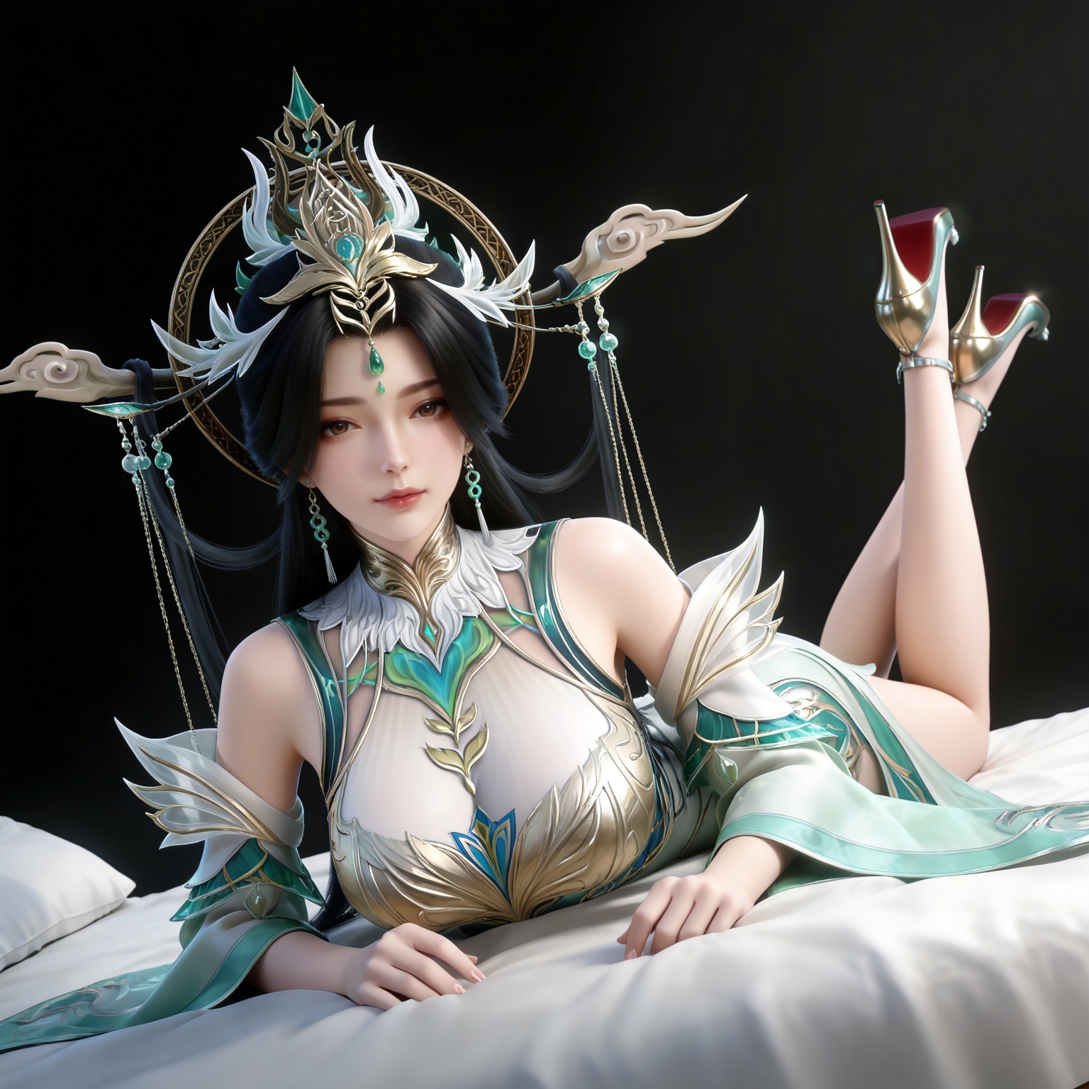 masterpiece,high quality,tall,game cg,highres,(white_skin:0.6),(shiny_skin:0.6),(realistic:1.1),looking_at_viewer,lvjing,black_background,simple background,,black hair, long hair, brown eyes, forehead_jewel, hair_ornament, liushen white and green dress, liushen chinese clothes, earrings, bare shoulders, detached_sleeves, long_sleeves, wide_sleeves, high_heels,large breasts,cleavage,cleavage cutout,breasts,high_heels,jewelry,full body,legs,long legs,hand on hip,bed,dynamic_angle,dutch angle,on_stomach,feet up,bed,


