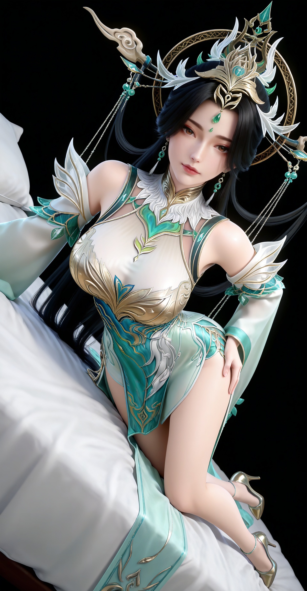 masterpiece,high quality,tall,game cg,highres,(white_skin:0.6),(shiny_skin:0.6),(realistic:1.1),looking_at_viewer,lvjing,black_background,simple background,,black hair, long hair, brown eyes, forehead_jewel, hair_ornament, liushen white and green dress, liushen chinese clothes, earrings, bare shoulders, detached_sleeves, long_sleeves, wide_sleeves, high_heels,large breasts,cleavage,cleavage cutout,breasts,high_heels,jewelry,full body,legs,long legs,hand on hip,bed,dynamic_angle,dutch angle,on_stomach,feet up,bed,


