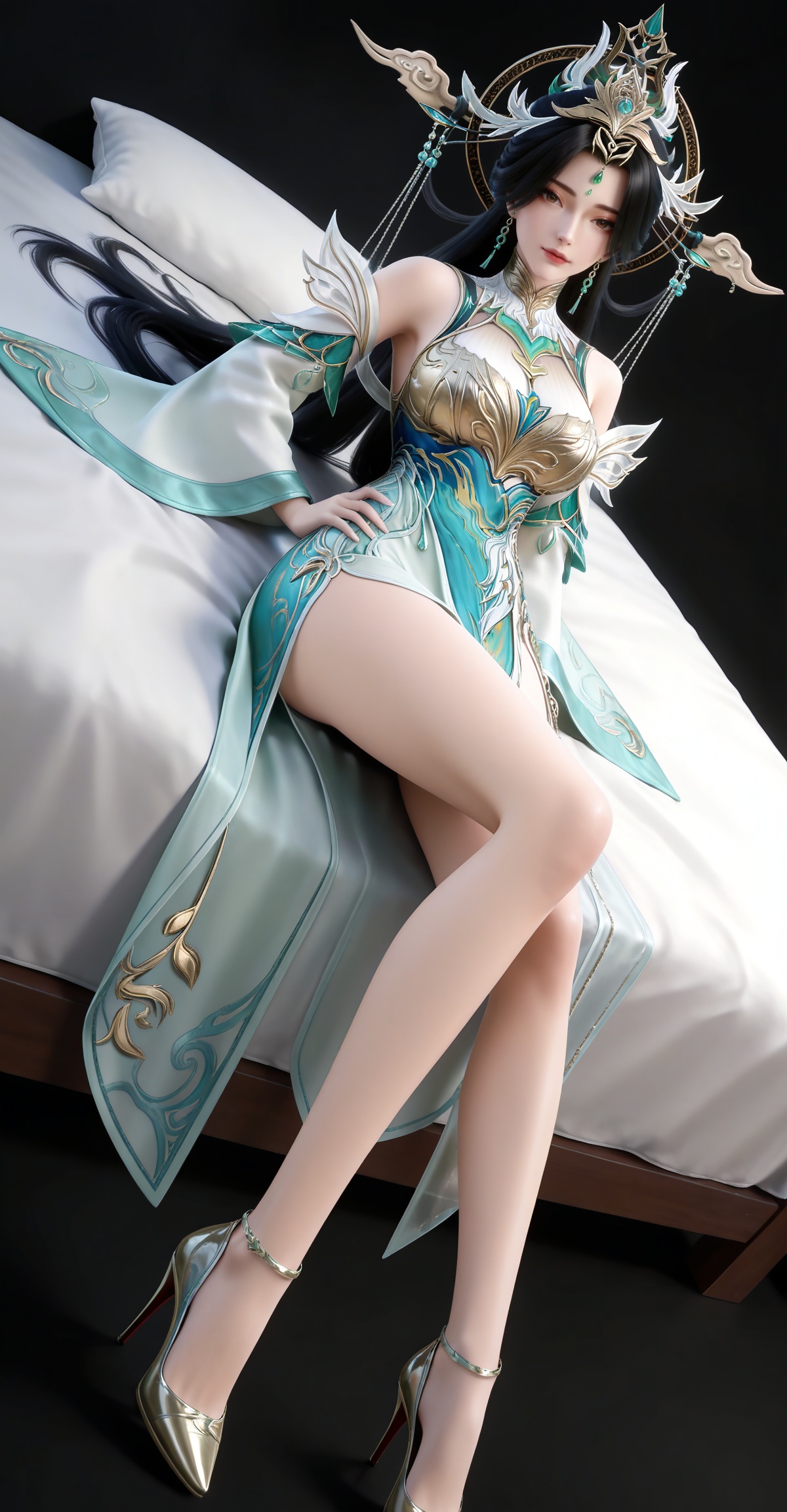 masterpiece,high quality,tall,game cg,highres,(white_skin:0.6),(shiny_skin:0.6),(realistic:1.1),looking_at_viewer,lvjing,black_background,simple background,,black hair, long hair, brown eyes, forehead_jewel, hair_ornament, liushen white and green dress, liushen chinese clothes, earrings, bare shoulders, detached_sleeves, long_sleeves, wide_sleeves, high_heels,large breasts,cleavage,cleavage cutout,breasts,high_heels,jewelry,full body,legs,long legs,hand on hip,bed,dynamic_angle,dutch angle,lying,on back,leg up,


