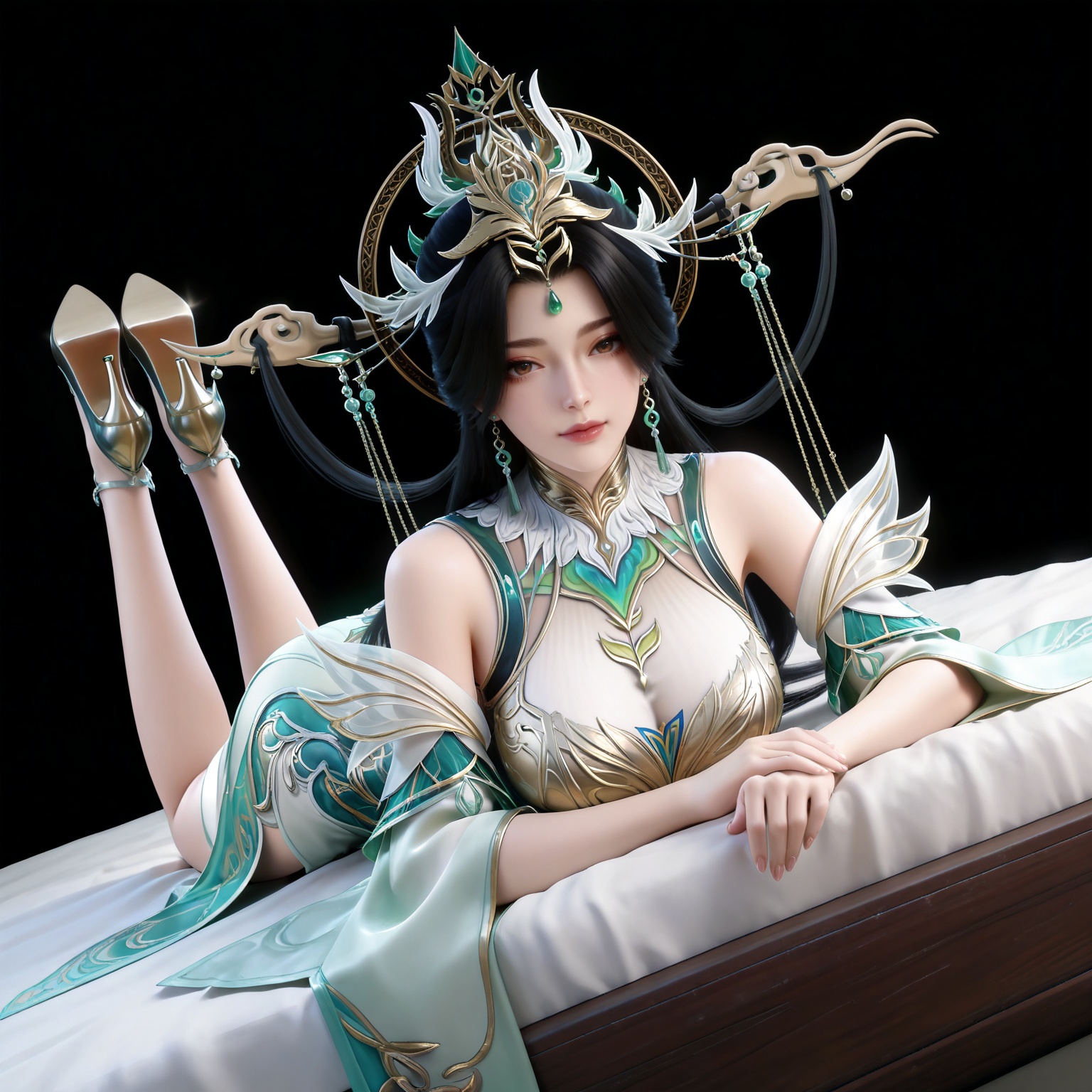 masterpiece,high quality,tall,game cg,highres,(white_skin:0.6),(shiny_skin:0.6),(realistic:1.1),looking_at_viewer,lvjing,black_background,simple background,,black hair, long hair, brown eyes, forehead_jewel, hair_ornament, liushen white and green dress, liushen chinese clothes, earrings, bare shoulders, detached_sleeves, long_sleeves, wide_sleeves, high_heels,large breasts,cleavage,cleavage cutout,breasts,high_heels,jewelry,full body,legs,long legs,hand on hip,bed,dynamic_angle,dutch angle,on_stomach,feet up,bed,


