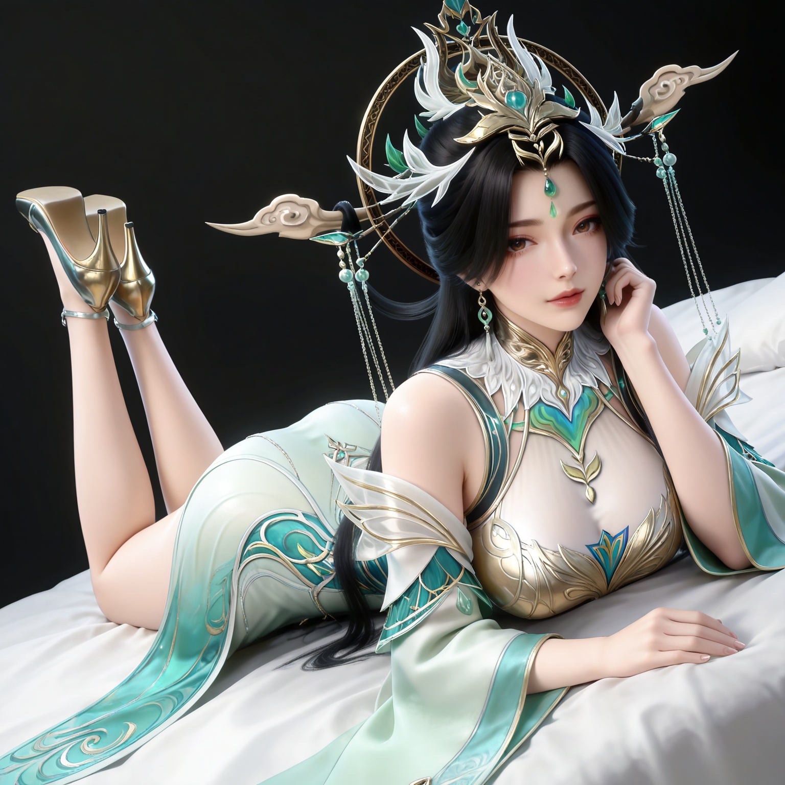 masterpiece,high quality,tall,game cg,highres,(white_skin:0.6),(shiny_skin:0.6),(realistic:1.1),looking_at_viewer,lvjing,black_background,simple background,,black hair, long hair, brown eyes, forehead_jewel, hair_ornament, liushen white and green dress, liushen chinese clothes, earrings, bare shoulders, detached_sleeves, long_sleeves, wide_sleeves, high_heels,large breasts,cleavage,cleavage cutout,breasts,high_heels,jewelry,full body,legs,long legs,hand on hip,bed,dynamic_angle,dutch angle,on_stomach,feet up,bed,


