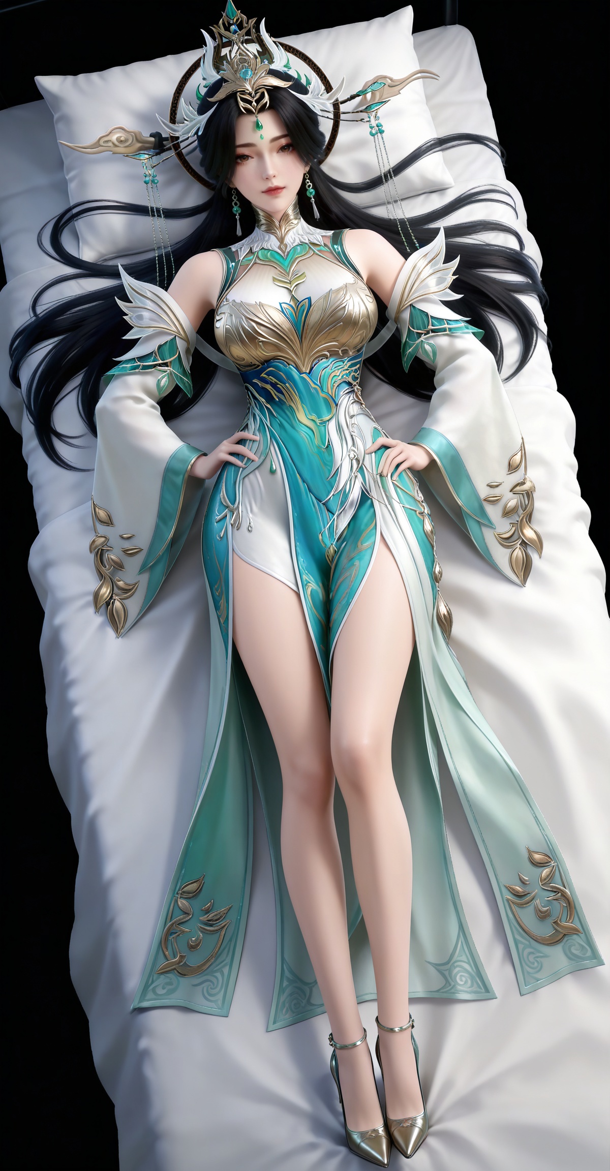 masterpiece,high quality,tall,game cg,highres,(white_skin:0.6),(shiny_skin:0.6),(realistic:1.1),looking_at_viewer,lvjing,black_background,simple background,,black hair, long hair, brown eyes, forehead_jewel, hair_ornament, liushen white and green dress, liushen chinese clothes, earrings, bare shoulders, detached_sleeves, long_sleeves, wide_sleeves, high_heels,large breasts,cleavage,cleavage cutout,breasts,high_heels,jewelry,full body,legs,long legs,hand on hip,bed,dynamic_angle,dutch angle,lying,on back,


