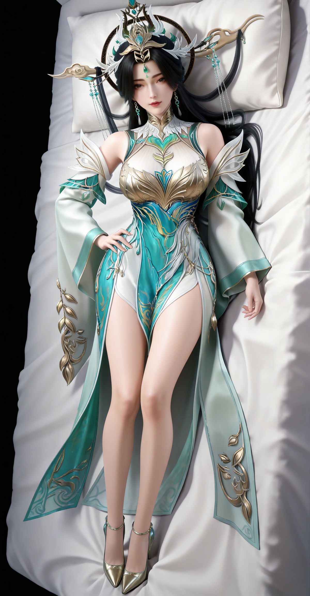 masterpiece,high quality,tall,game cg,highres,(white_skin:0.6),(shiny_skin:0.6),(realistic:1.1),looking_at_viewer,lvjing,black_background,simple background,,black hair, long hair, brown eyes, forehead_jewel, hair_ornament, liushen white and green dress, liushen chinese clothes, earrings, bare shoulders, detached_sleeves, long_sleeves, wide_sleeves, high_heels,large breasts,cleavage,cleavage cutout,breasts,high_heels,jewelry,full body,legs,long legs,hand on hip,bed,dynamic_angle,dutch angle,lying,on back,


