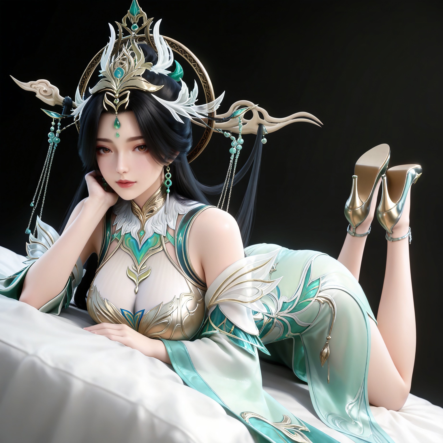 masterpiece,high quality,tall,game cg,highres,(white_skin:0.6),(shiny_skin:0.6),(realistic:1.1),looking_at_viewer,lvjing,black_background,simple background,,black hair, long hair, brown eyes, forehead_jewel, hair_ornament, liushen white and green dress, liushen chinese clothes, earrings, bare shoulders, detached_sleeves, long_sleeves, wide_sleeves, high_heels,large breasts,cleavage,cleavage cutout,breasts,high_heels,jewelry,full body,legs,long legs,hand on hip,bed,dynamic_angle,dutch angle,on_stomach,feet up,bed,


