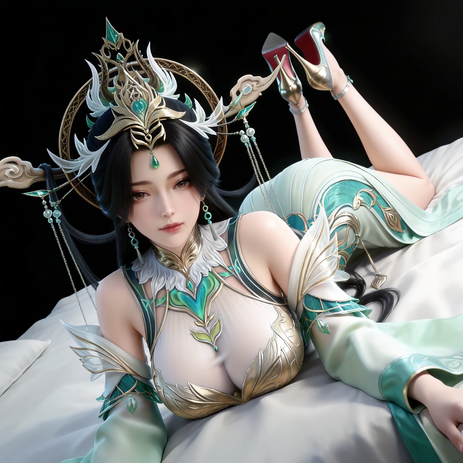 masterpiece,high quality,tall,game cg,highres,(white_skin:0.6),(shiny_skin:0.6),(realistic:1.1),looking_at_viewer,lvjing,black_background,simple background,,black hair, long hair, brown eyes, forehead_jewel, hair_ornament, liushen white and green dress, liushen chinese clothes, earrings, bare shoulders, detached_sleeves, long_sleeves, wide_sleeves, high_heels,large breasts,cleavage,cleavage cutout,breasts,high_heels,jewelry,full body,legs,long legs,hand on hip,bed,dynamic_angle,dutch angle,on_stomach,feet up,bed,


