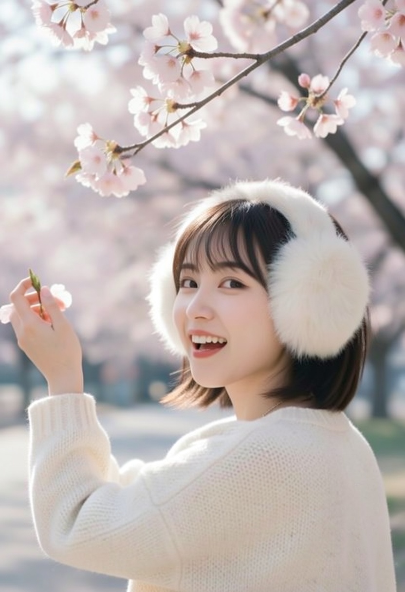 j_vibes,  over-the-shoulder shot of an adorable woman with a short bob and fluffy earmuffs,  smiling cheerfully as she rea...