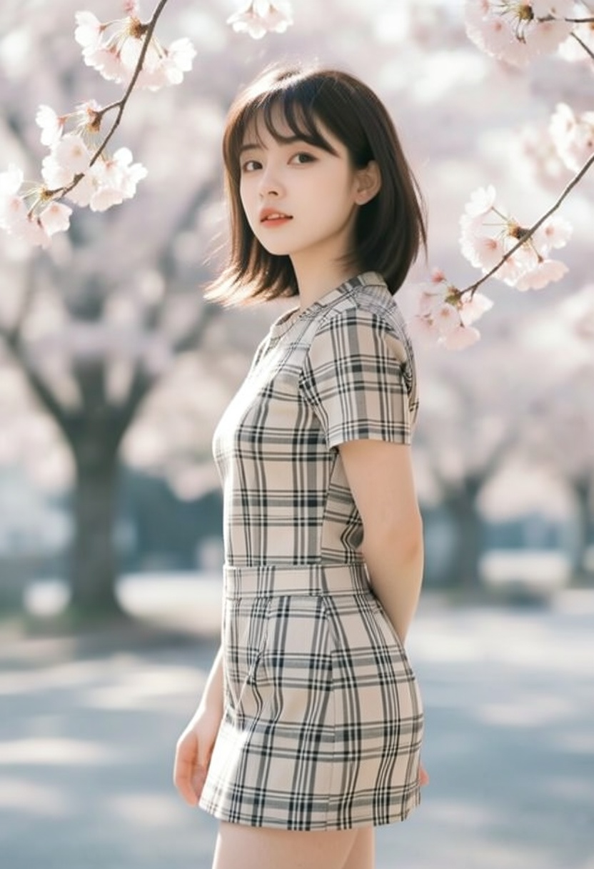 j_vibes,  side profile of a stylish woman with a bob haircut in a fitted plaid cube top and mini skirt,  surrounded by che...