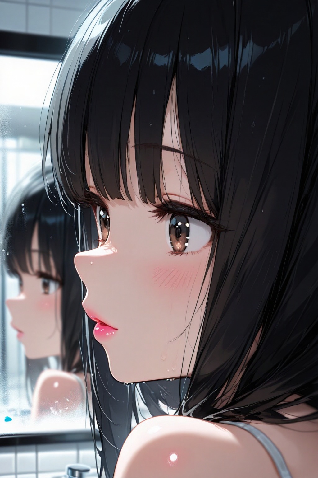 二次元插画, 特写镜头,50mm定焦镜头,浅景深,过肩视角,镜头从主体右后方拍摄,三分线构图,主体位于画面右侧三分之一处,前景为人物背部与头发,中景为镜面反射的人物面部,背景为虚化的浴室环境,封闭式构图,主体占比约60%,特效包含镜面水渍纹理。透过镜面,可以看到年轻女子留着长长的直黑发和刘海,发丝略显凌乱,五官精致,皮肤白皙,嘴唇粉红而有光泽,细腻的肤质,自然的毛孔,柔和的妆容,光泽唇部,微微反光,甜美可爱。