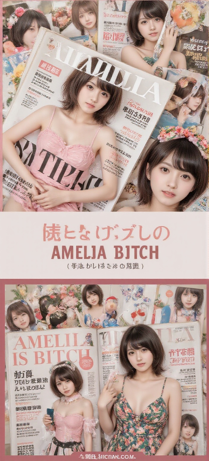The magazine cover of a Japanese ***** video,  titled "AMELIA IS ***** " with the japanese text and elements of the laid o...