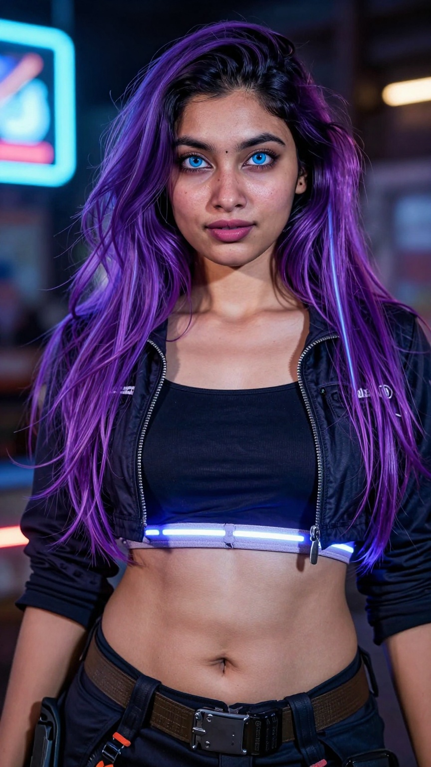 Photograph captured at eye level with a shallow depth of field,  a 25-year-old South Asian woman standing confidently with...