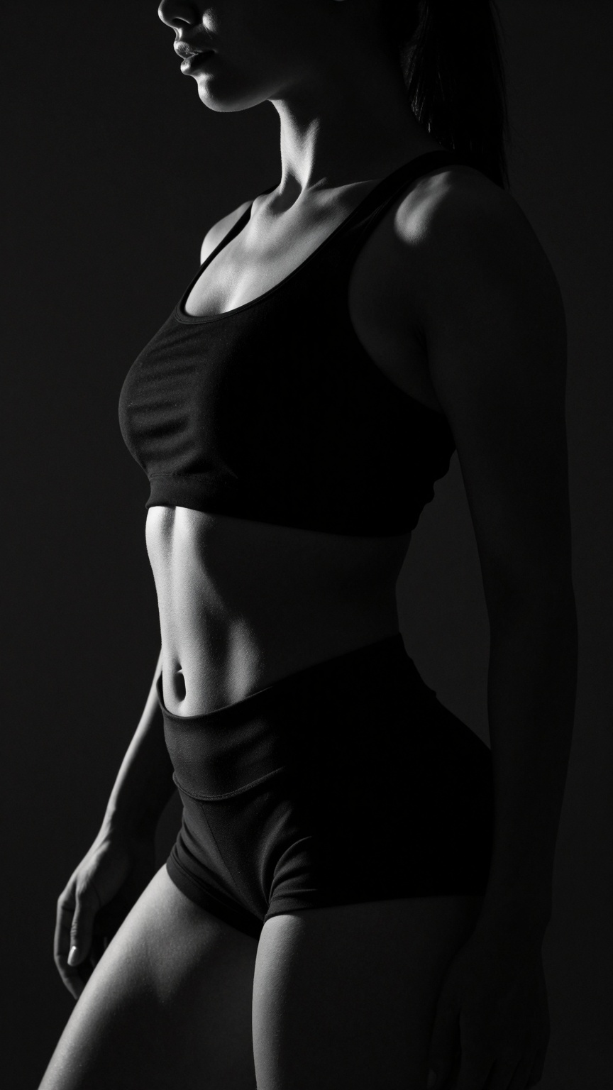 An artistic studio portrait of a woman with a sleek,  athletic hourglass silhouette. Her face is captured in a half-profil...