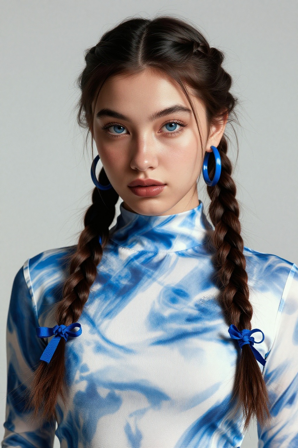 Photograph of a young woman with light olive skin and dark brown hair styled in two long braids,  each adorned with blue r...