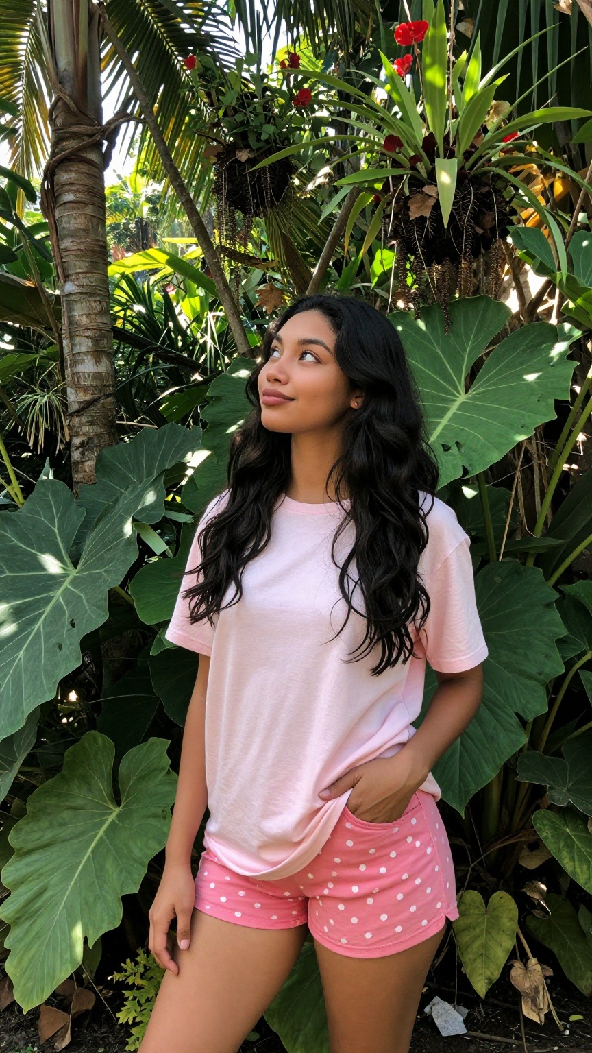 Photograph of a young woman standing in a lush tropical garden. She has long wavy black hair and a medium brown skin tone....