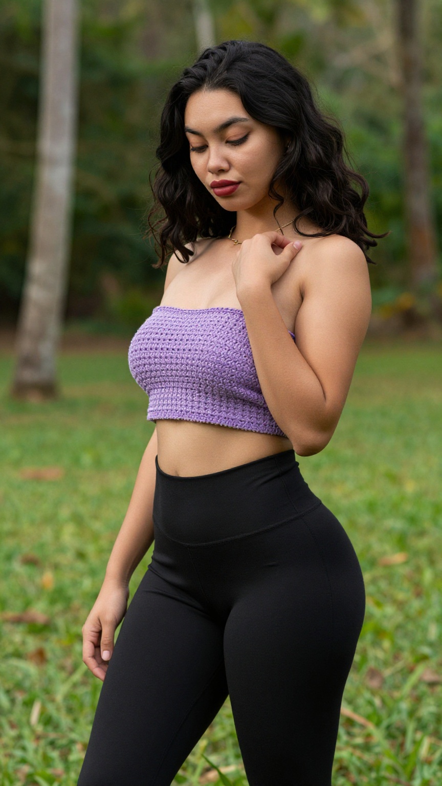 Photograph of a young woman standing in a lush green outdoor setting with trees and grass in the background. She has mediu...