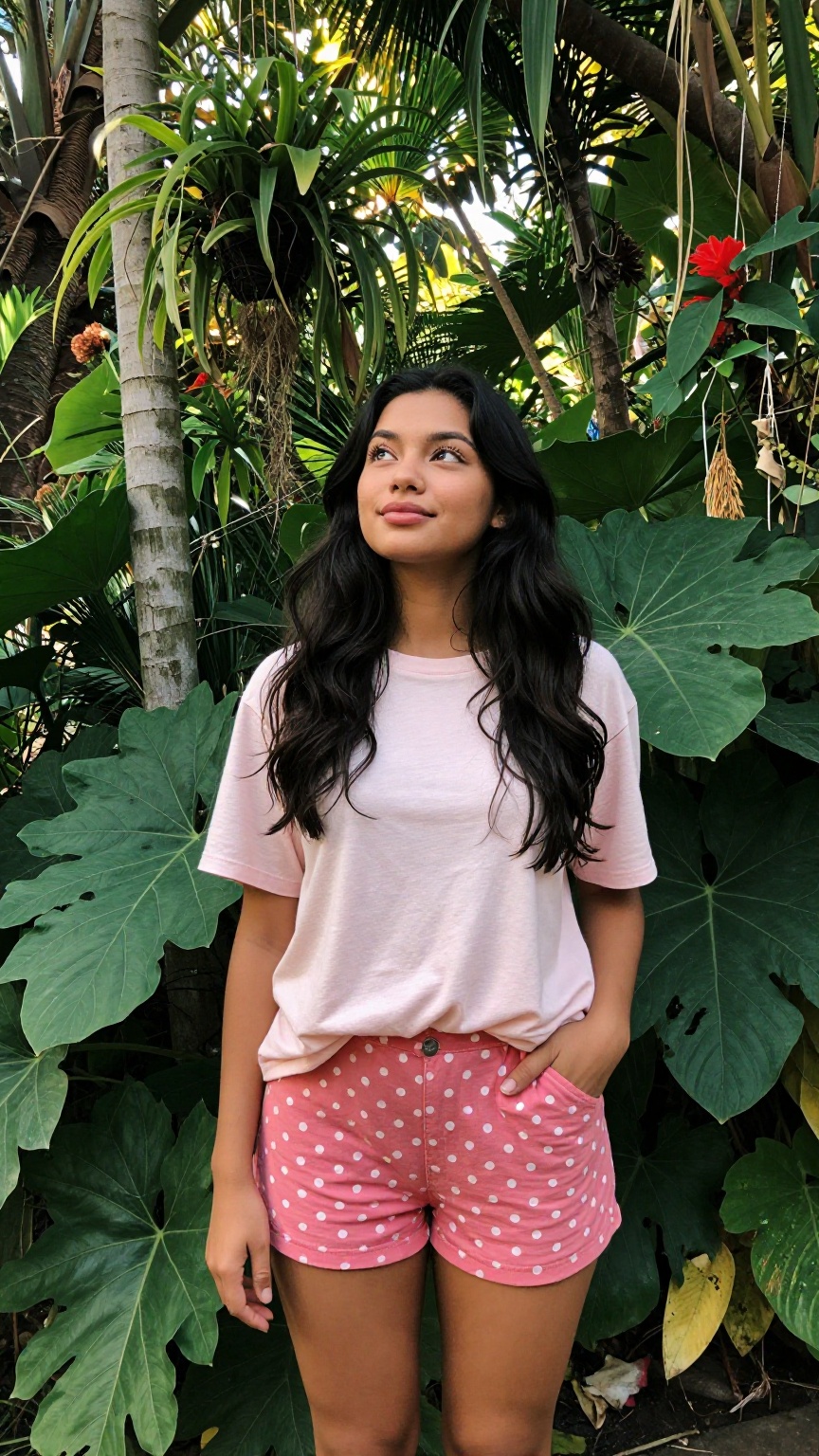 Photograph of a young woman standing in a lush tropical garden. She has long wavy black hair and a medium brown skin tone....