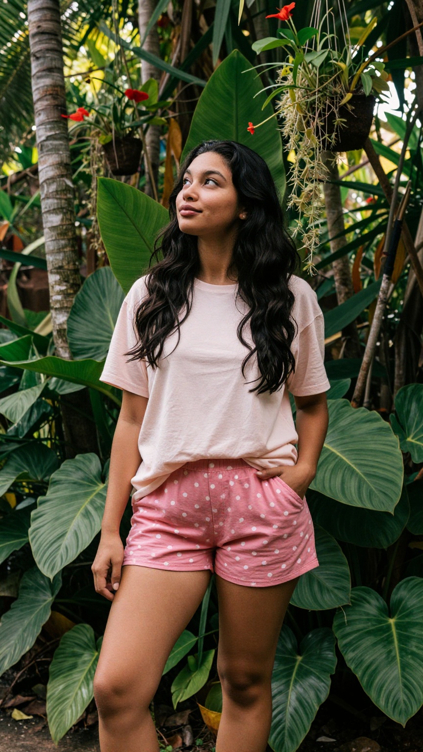Photograph of a young woman standing in a lush tropical garden. She has long wavy black hair and a medium brown skin tone....
