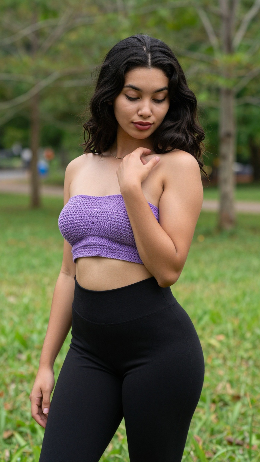 Photograph of a young woman standing in a lush green outdoor setting with trees and grass in the background. She has mediu...