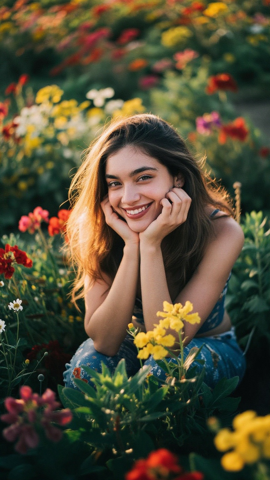 Anu smile illuminates the vibrant blooms as she stands amidst the lush,  colorful field of flowers. Soft,  golden light ca...