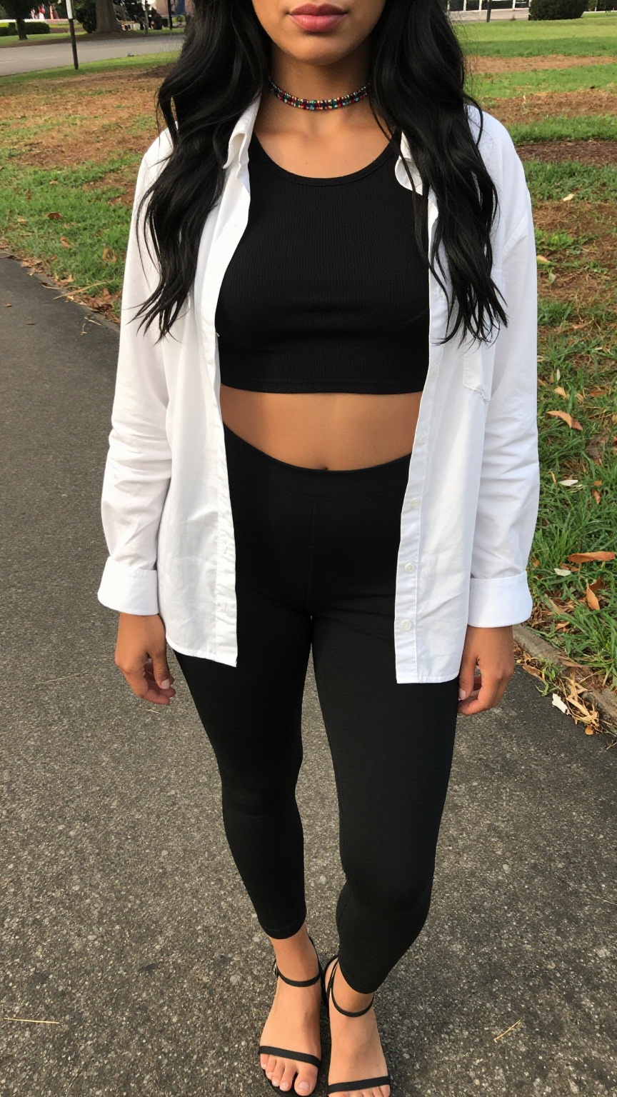 Photograph of a woman standing on a paved path in a park. She has medium brown skin and long wavy black hair that falls ov...
