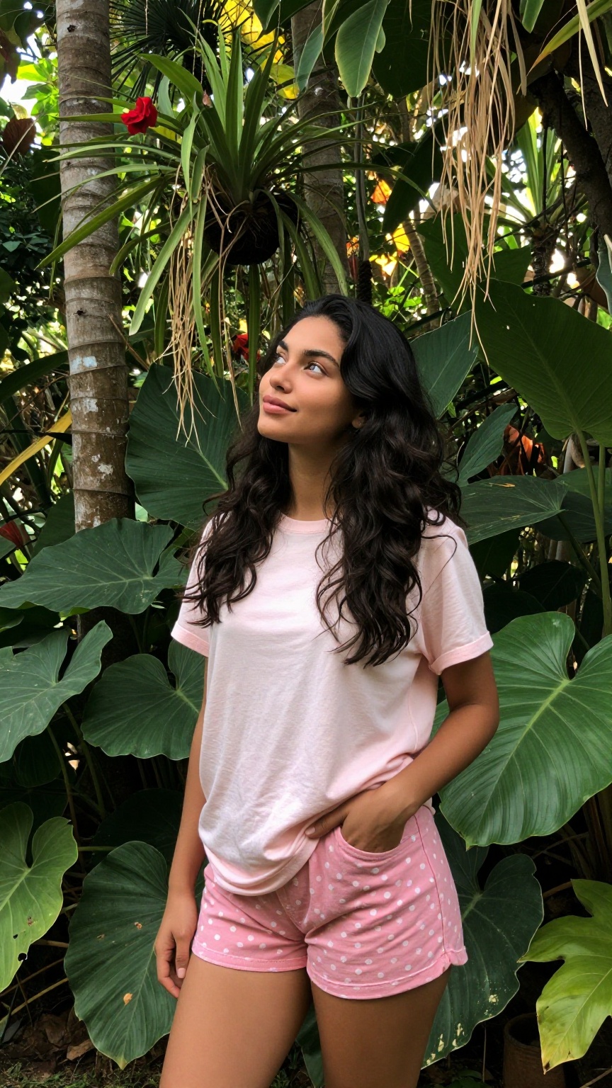 Photograph of a young woman standing in a lush tropical garden. She has long wavy black hair and a medium brown skin tone....
