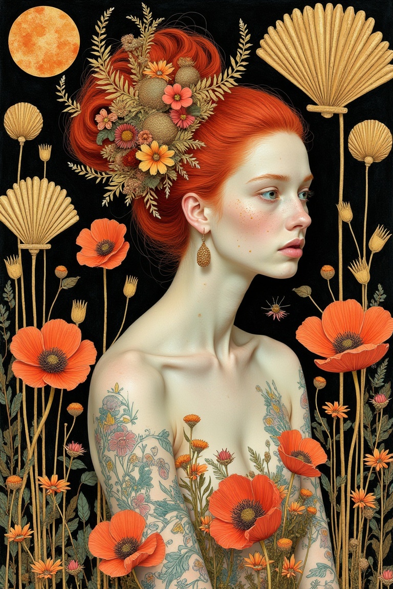 A captivating portrait features a young woman with vivid red hair styled in an elaborate updo,  adorned with golden flower...