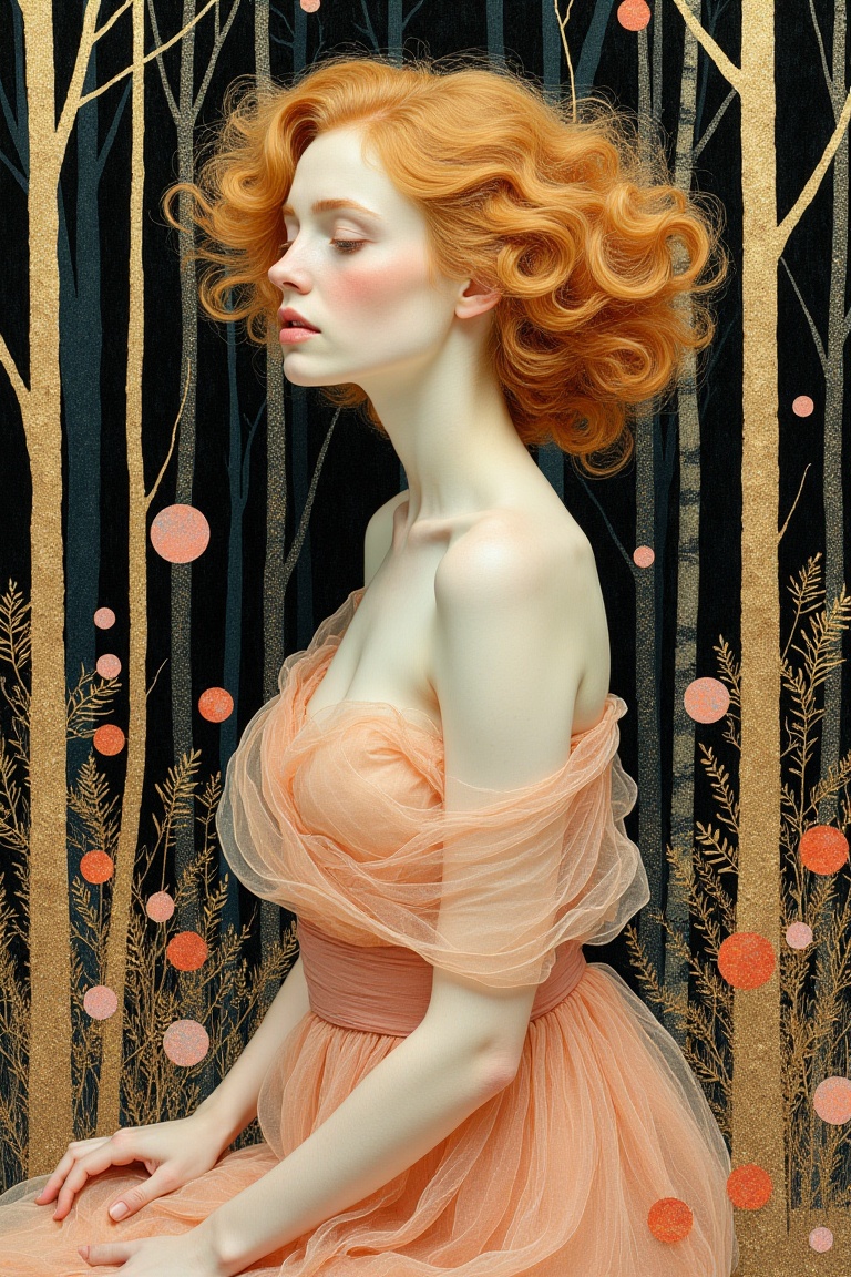 A captivating portrait depicts a fair-skinned woman with voluminous,  reddish-blonde curly hair,  gazing thoughtfully to t...