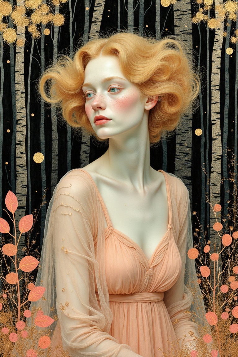 A captivating portrait depicts a fair-skinned woman with voluminous,  reddish-blonde curly hair,  gazing thoughtfully to t...