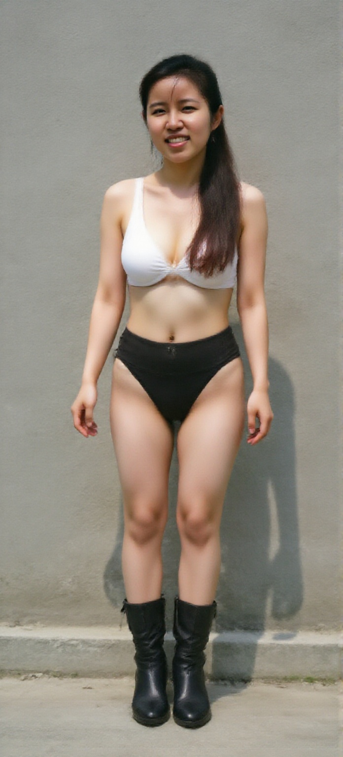 一位黑发束起的年轻女子站在明亮极简的白色背景前。她穿着白色两件式比基尼,  配有胸罩式上衣和配套的高开领下装。她直视观众,  脸上带着愉快的笑容。她的身体微微侧向一侧 on Tensor.Art