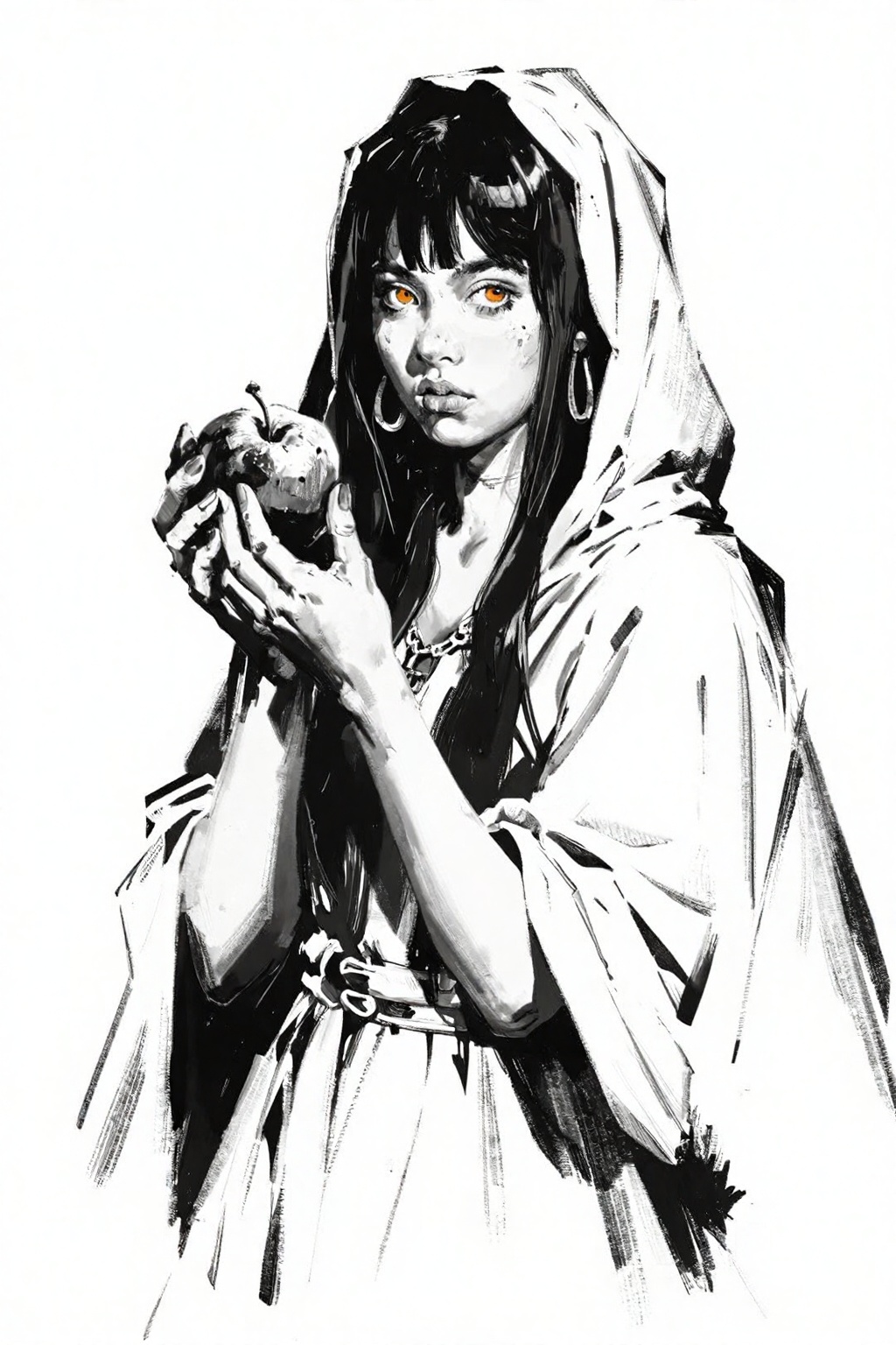 hand_sketch,sketch,black and white,1girl, food, solo, fruit, jewelry, holding food, apple, holding, looking at viewer, holding fruit, black hair, earrings, simple background, hood, bangs, long hair, hood up, dress, cloak, white background, nail polish, orange eyes, hands up, white cloak, yellow eyes