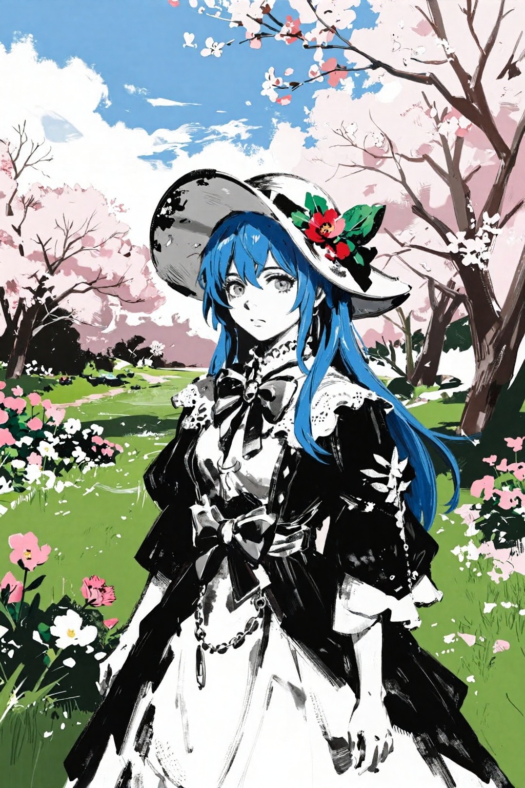 hand_sketch,sketch,black and white,looking at viewer,a serene and picturesque scene with a character surrounded by lush greenery and blooming flowers. The character has long blue hair and is adorned with a large, decorative hat featuring red and green flowers. She is dressed in a black and white outfit with intricate lace details and a large bow at the front. The background showcases a beautiful garden filled with pink and white flowers, and there are cherry blossom trees in full bloom. The sky is bright and filled with fluffy white clouds, creating a peaceful and idyllic atmosphere.