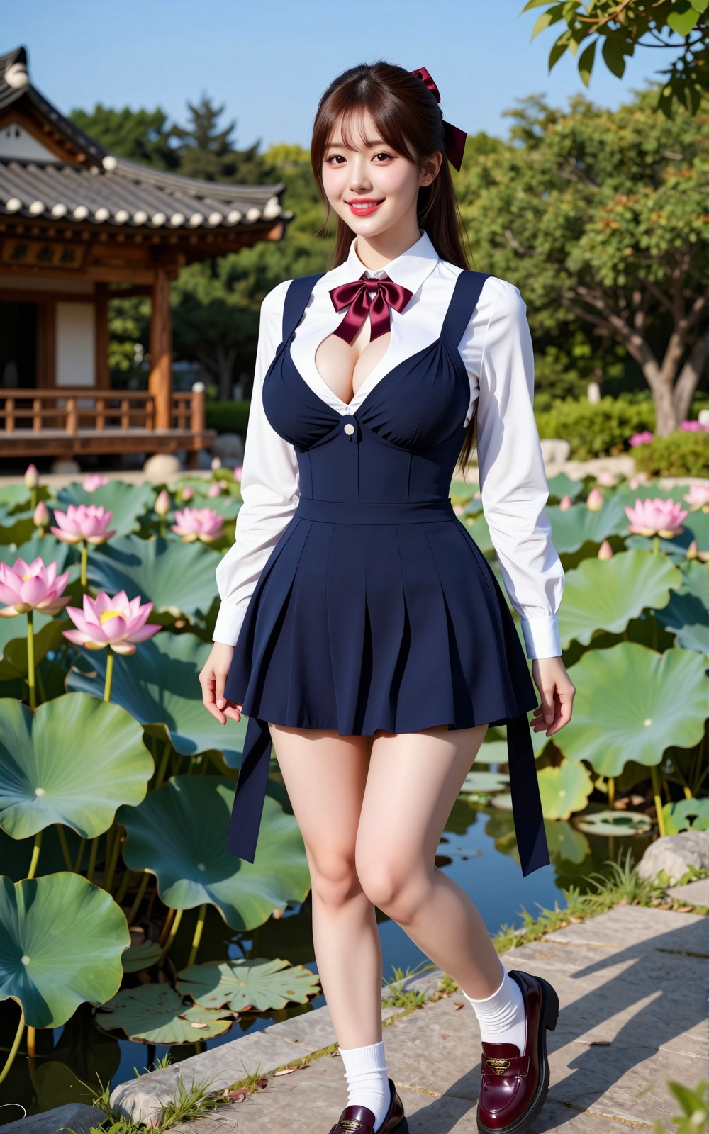 Image of a Korean Woman: A beautiful Korean woman boasting voluptuous I-cup breasts,  alluring hips,  and firm thighs. She...