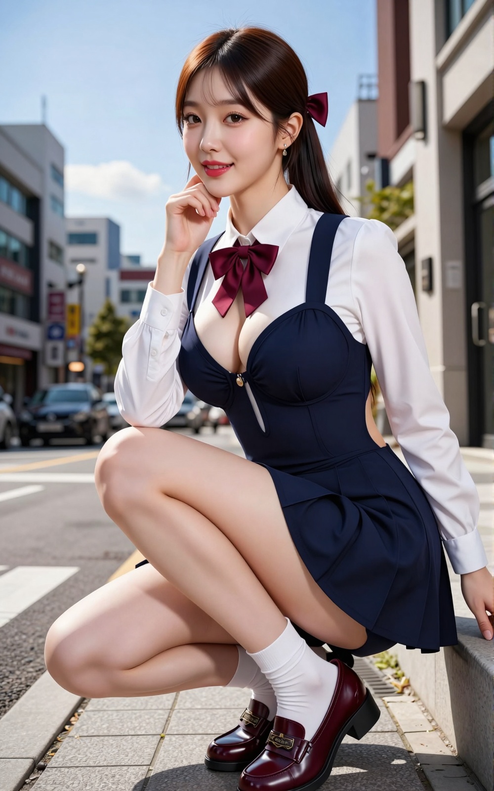 Image of a Korean woman: A beautiful Korean woman boasting voluptuous I-cup breasts,  alluring hips,  and firm thighs. She...