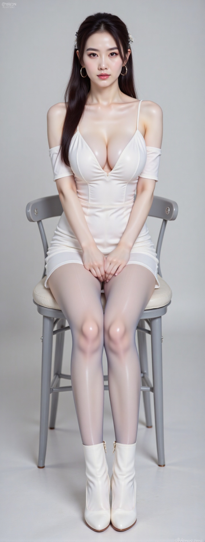 8K, ultra clear,1girl, solo, long hair, breasts, black hair, hair ornament, dress, bare shoulders, sitting, full body, boots, detached sleeves, grey background, white dress, high heels, paired with moky gray glossy pantyhose.bare legs, blue dress, chair, white footwear, high heel boots, circlet,photo taken with a Canon EOS R6 Mark II Mirrorless camera in the style of 35mm f/8 aperture,shiny pantyhose,aurora_glossy_pantyhose