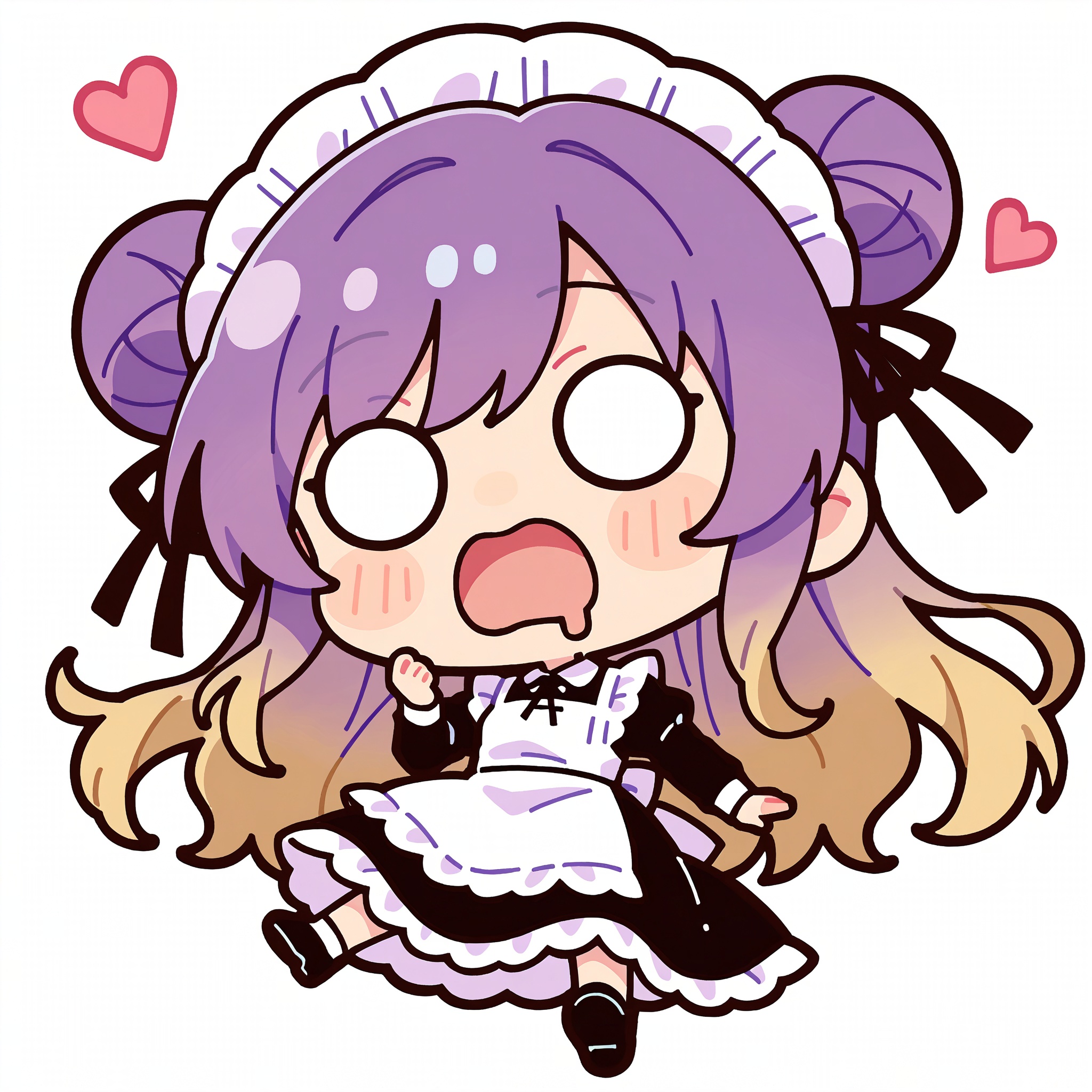 o_o,open mouth,drooling,drooling from the corner of the mouth
1girl, solo, long hair, blush, open mouth, bangs, blonde hair, simple background, long sleeves, white background, dress, ribbon, full body, purple hair, heart, multicolored hair, alternate costume, hair bun, chibi, black footwear, apron, black dress, maid, maid headdress, gradient hair, alternate hairstyle, single hair bun, white apron, maid apron, o o, enmaided, hijiri byakuren
